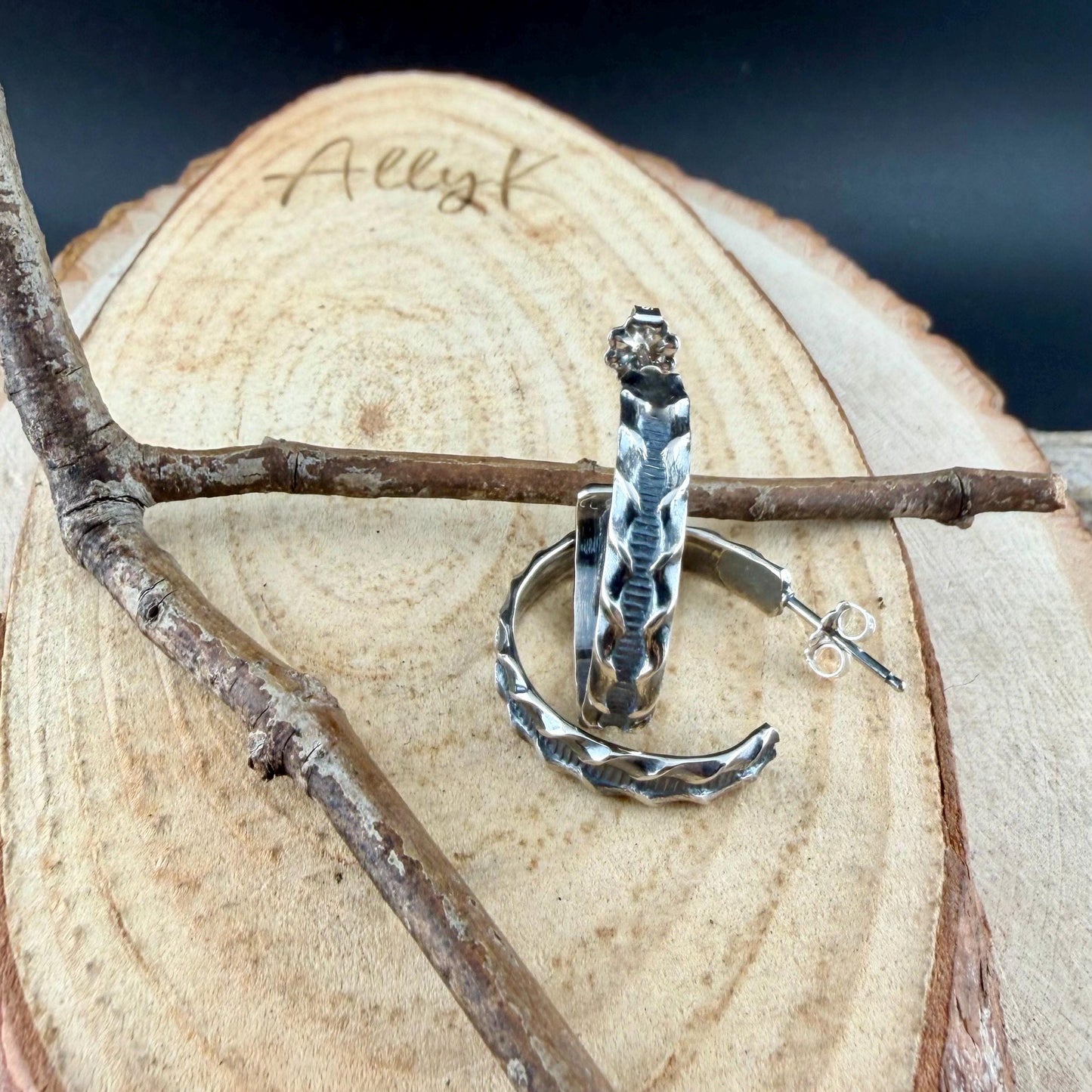 Sterling Silver Hoop Earrings • Ridged Linear Pattern Hoops • Push‑Back Post Style