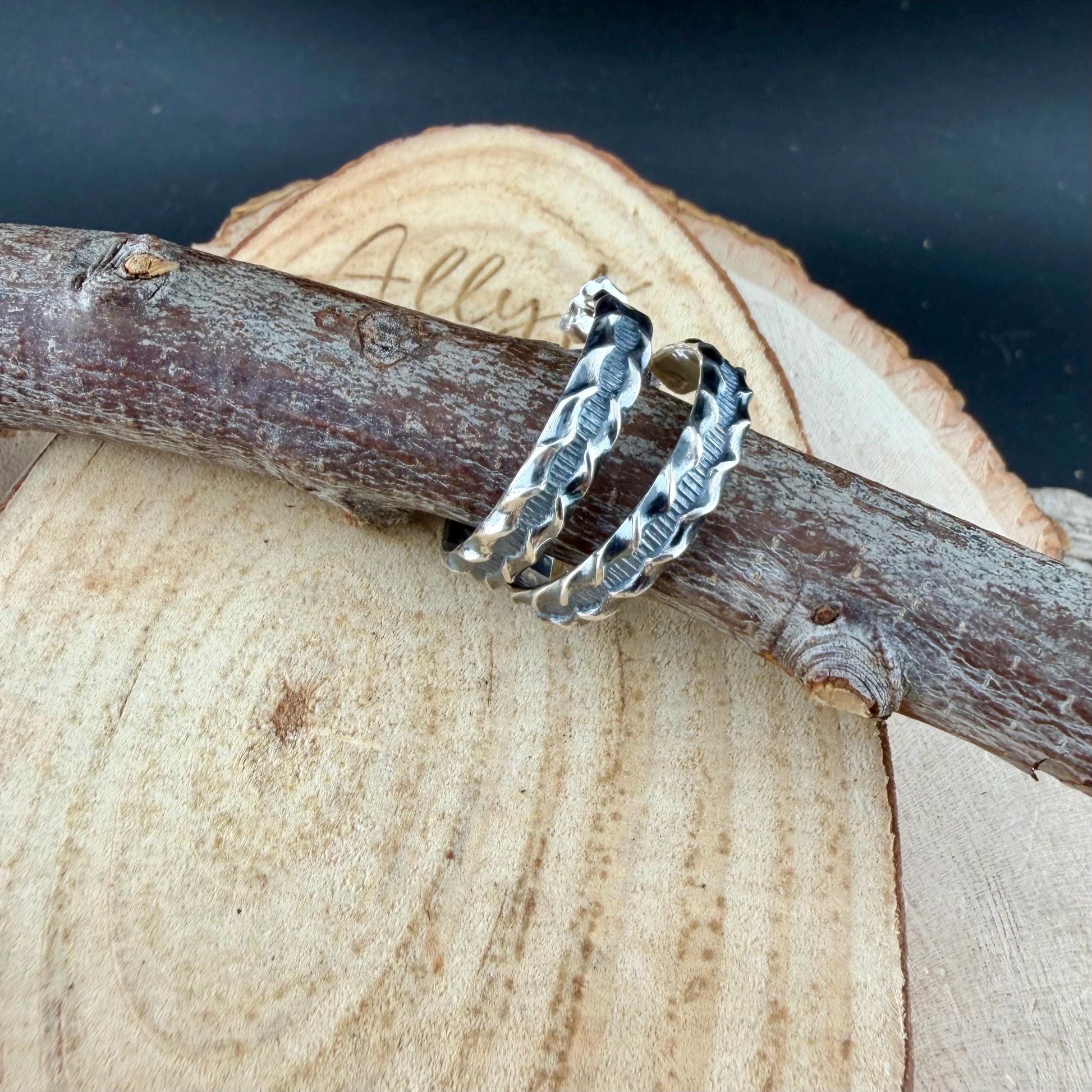 Sterling Silver Hoop Earrings • Ridged Linear Pattern Hoops • Push‑Back Post Style