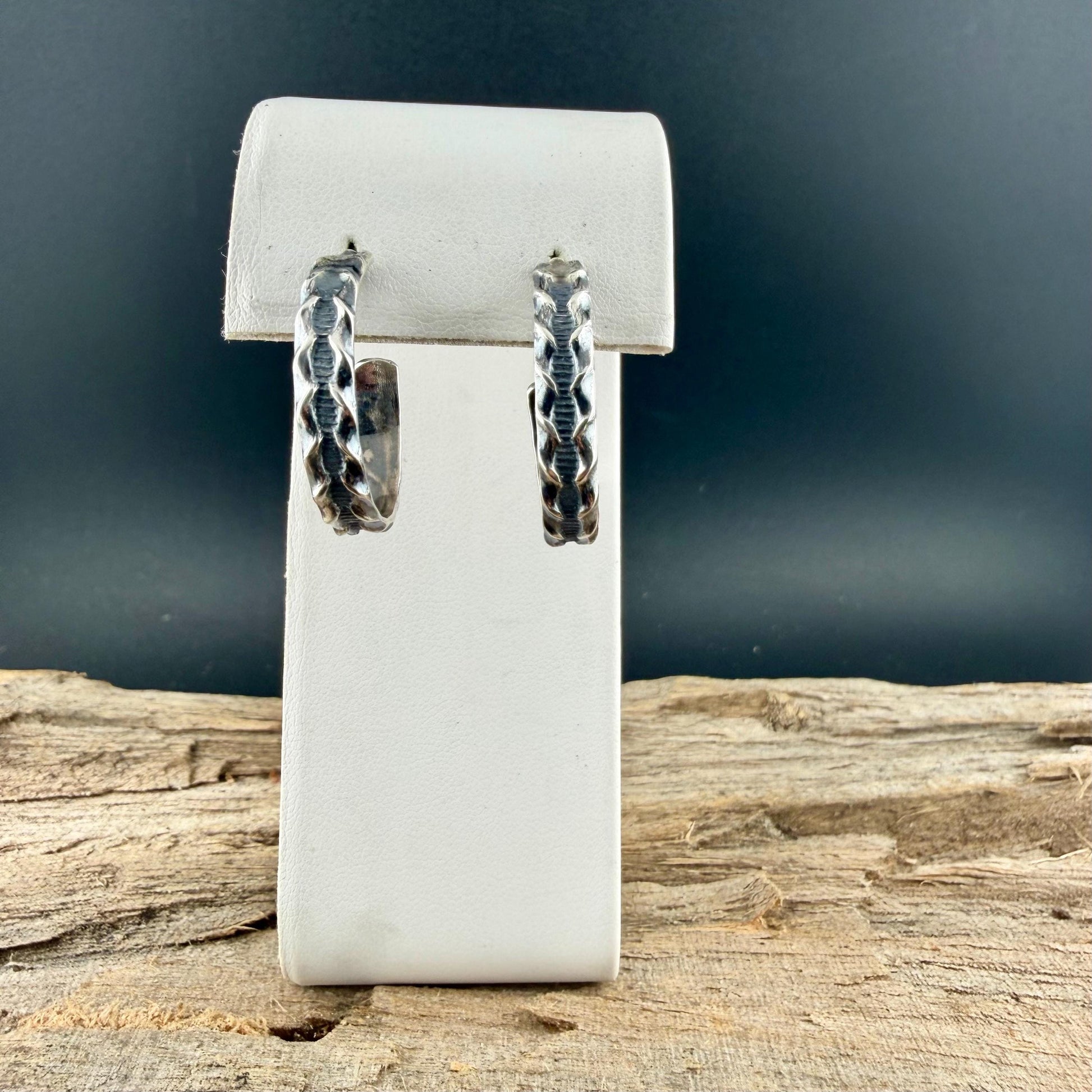 Sterling Silver Hoop Earrings • Ridged Linear Pattern Hoops • Push‑Back Post Style