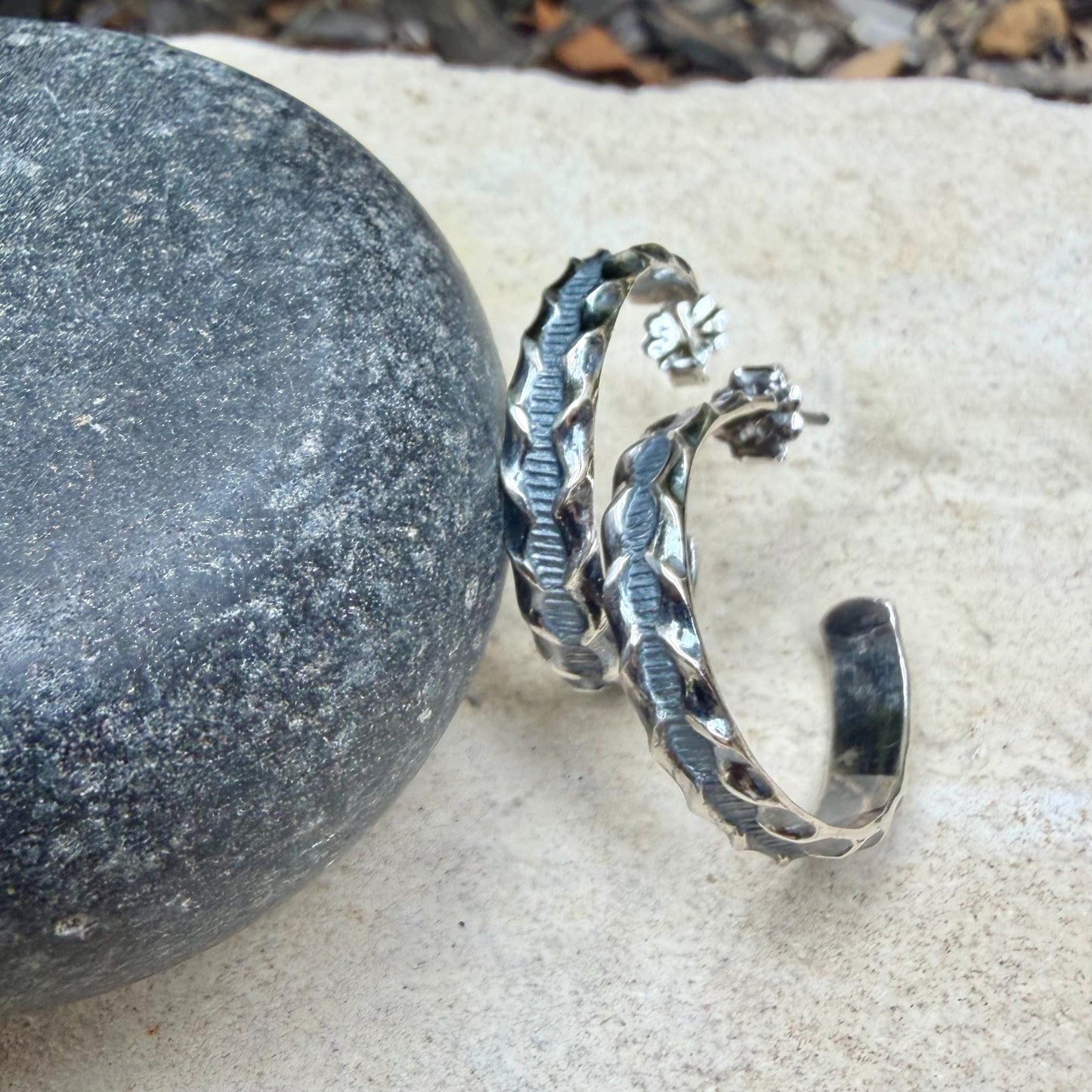 Sterling Silver Hoop Earrings • Ridged Linear Pattern Hoops • Push‑Back Post Style