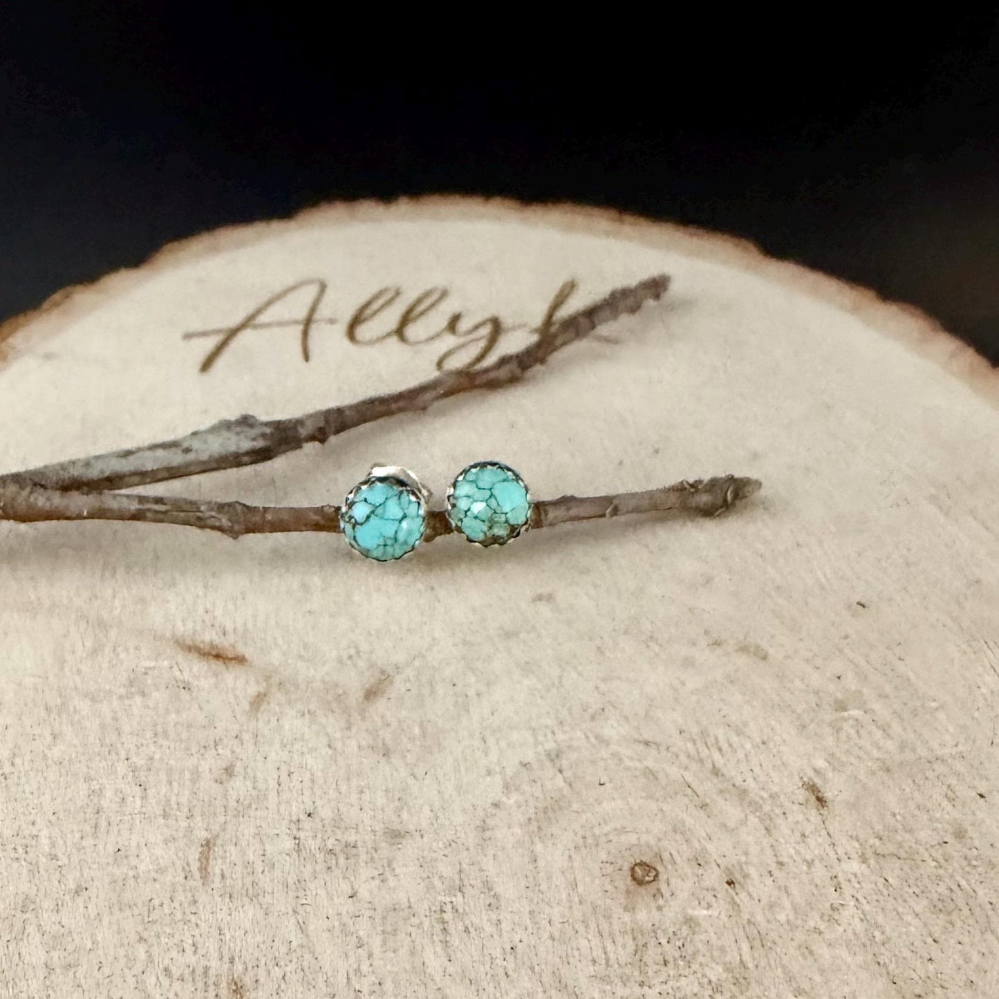 6mm Royston Turquoise Stud Earrings • Sterling Silver • Smooth or Serrated Bezel