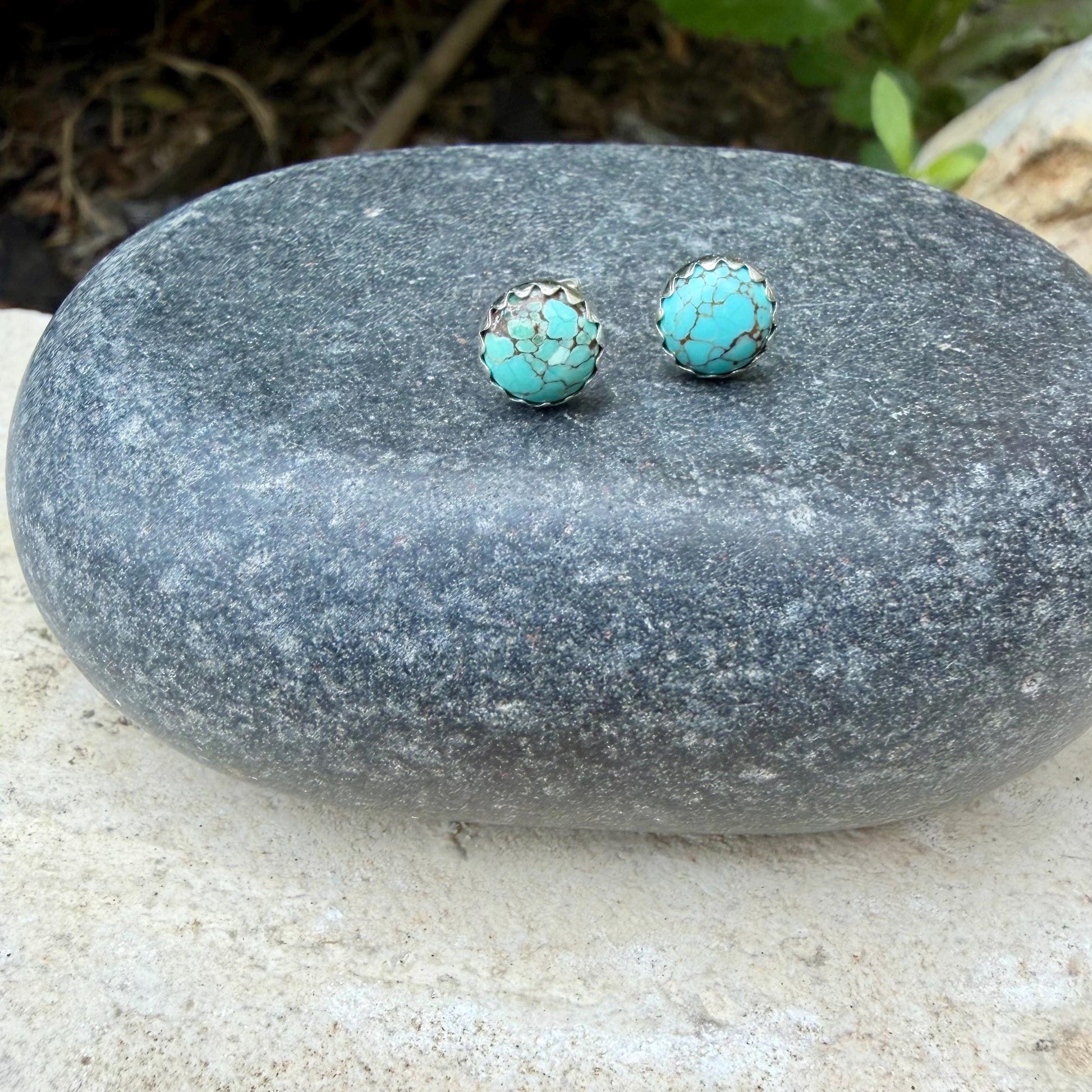 6mm Royston Turquoise Stud Earrings • Sterling Silver • Smooth or Serrated Bezel