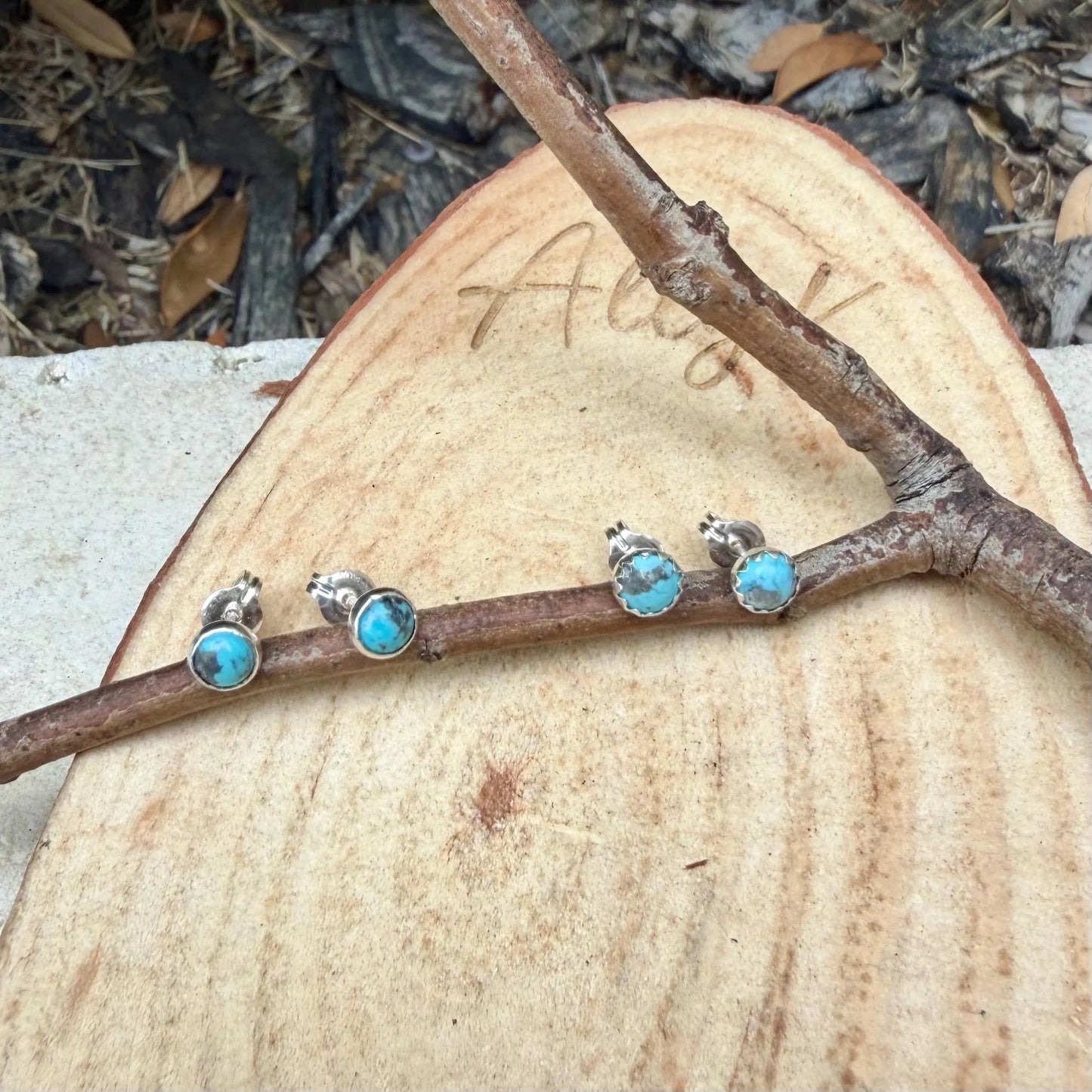 Kingman Turquoise Stud Earrings • Sterling Silver Posts • Smooth or Serrated Bezel (4mm or 5mm)