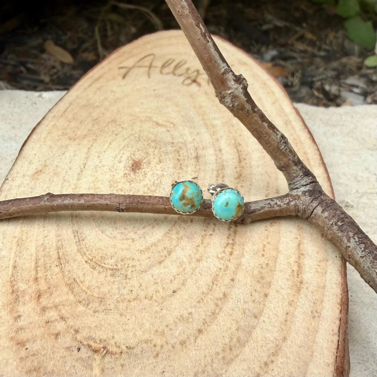 Kingman Turquoise Stud Earrings • Sterling Silver • 4mm 5mm 6mm • Smooth or Serrated Bezel