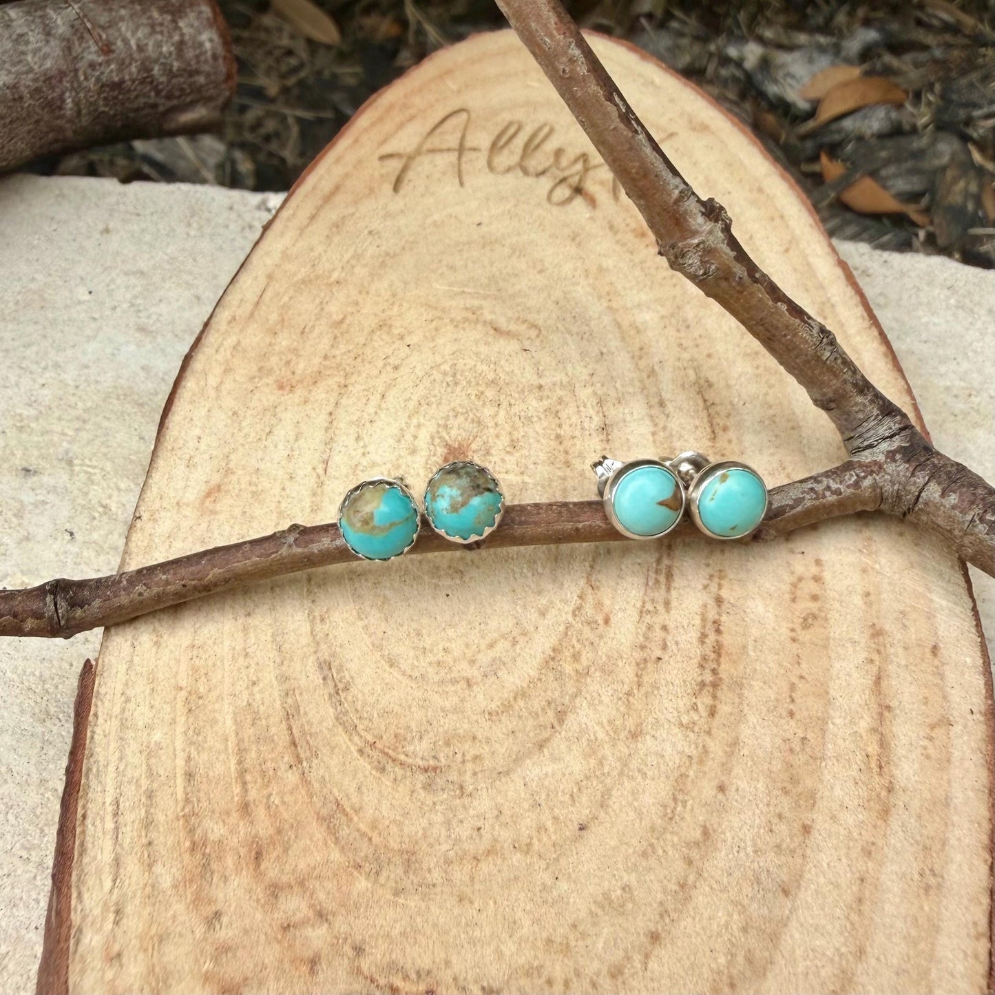 6mm Kingman Turquoise Stud Earrings • Sterling Silver • Smooth or Serrated Bezel