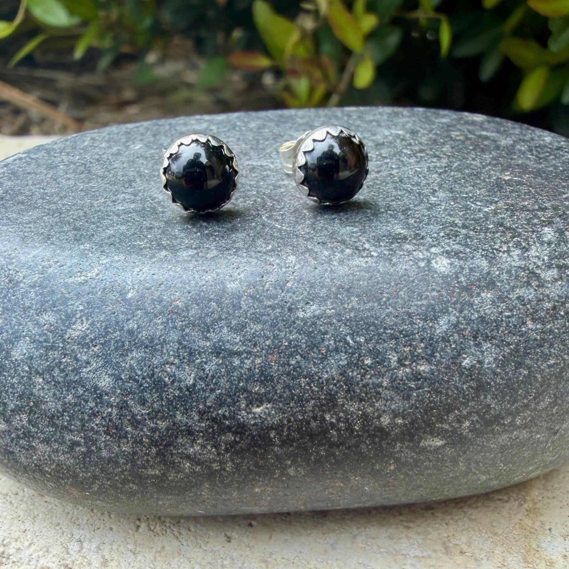 6mm Onyx Stud Earrings • Sterling Silver • Smooth or Serrated Bezel