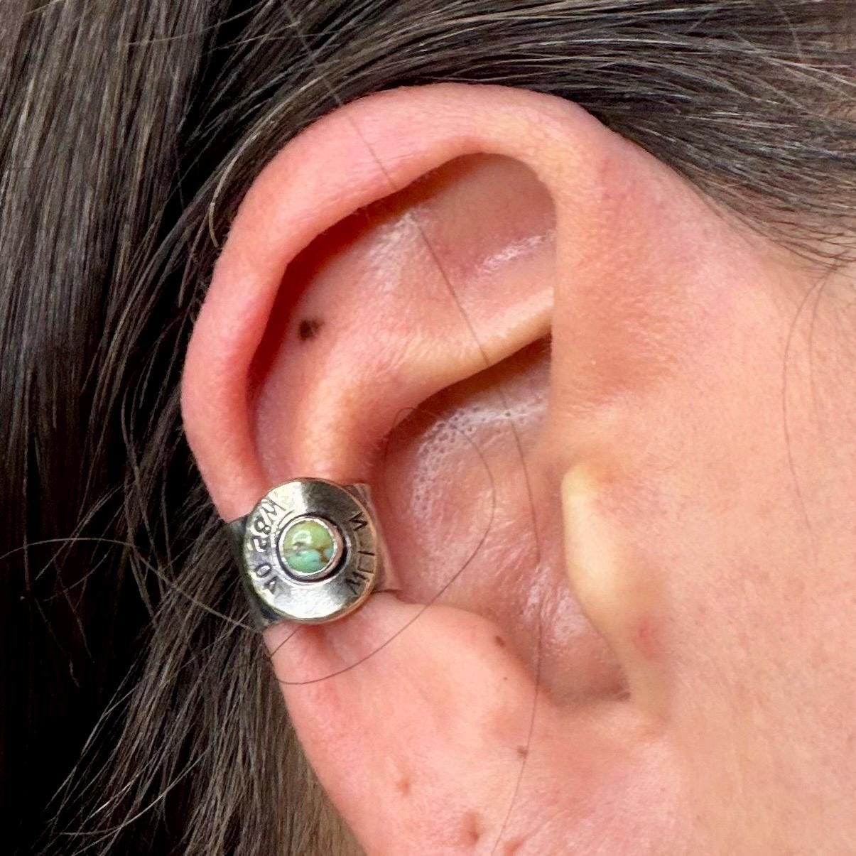 Sterling Silver Turquoise Ear Cuff • 40 Cal Bullet Slice • No‑Piercing Faux Conch