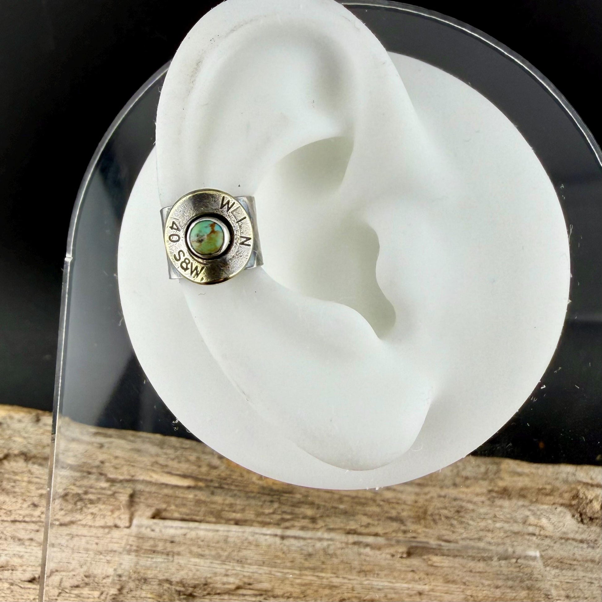 Sterling Silver Turquoise Ear Cuff • 40 Cal Bullet Slice • No‑Piercing Faux Conch