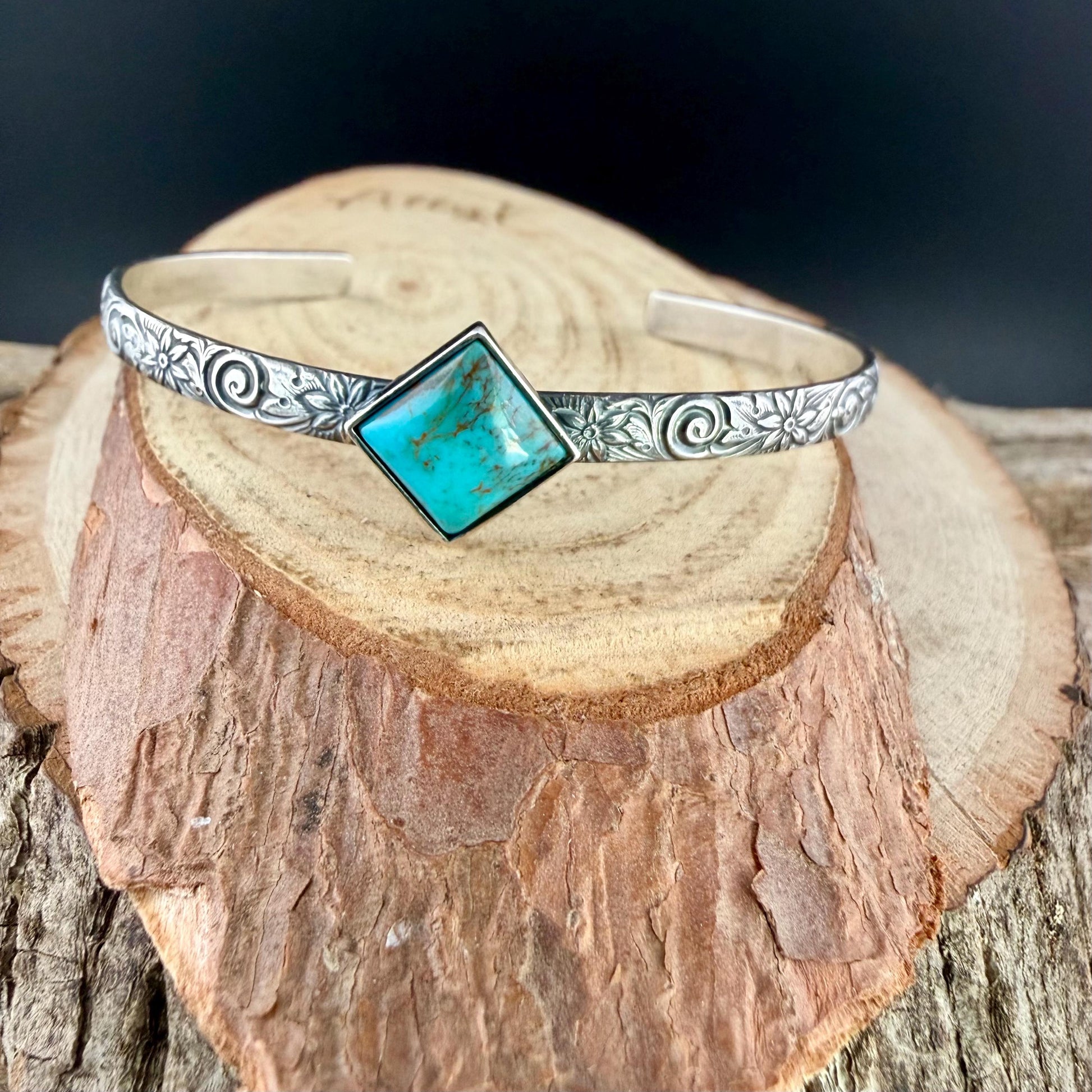 Kingman Turquoise Daisy Cuff Bracelet | Sterling Silver Floral Jewelry | Handmade Southwestern Style