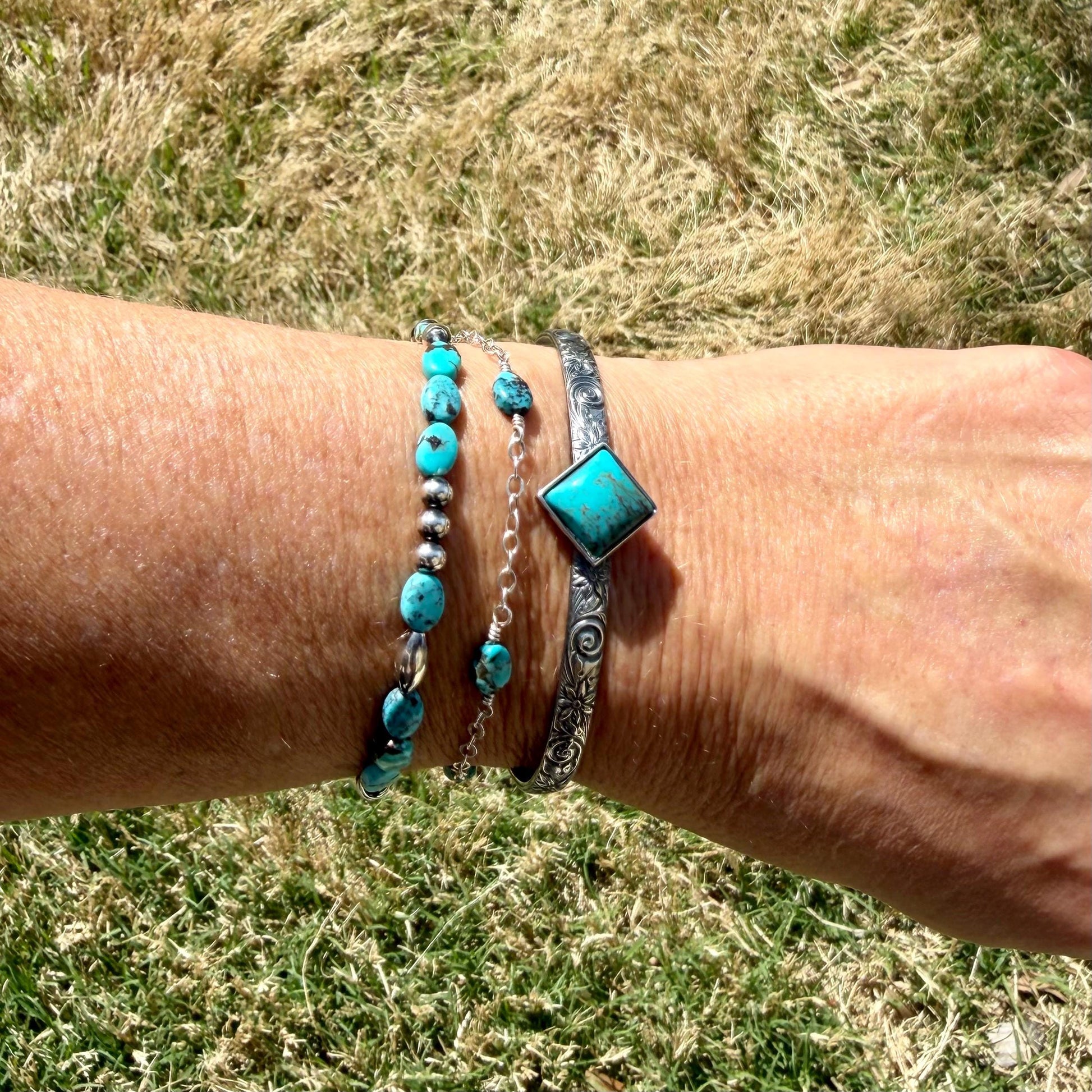 Kingman Turquoise Daisy Cuff Bracelet | Sterling Silver Floral Jewelry | Handmade Southwestern Style