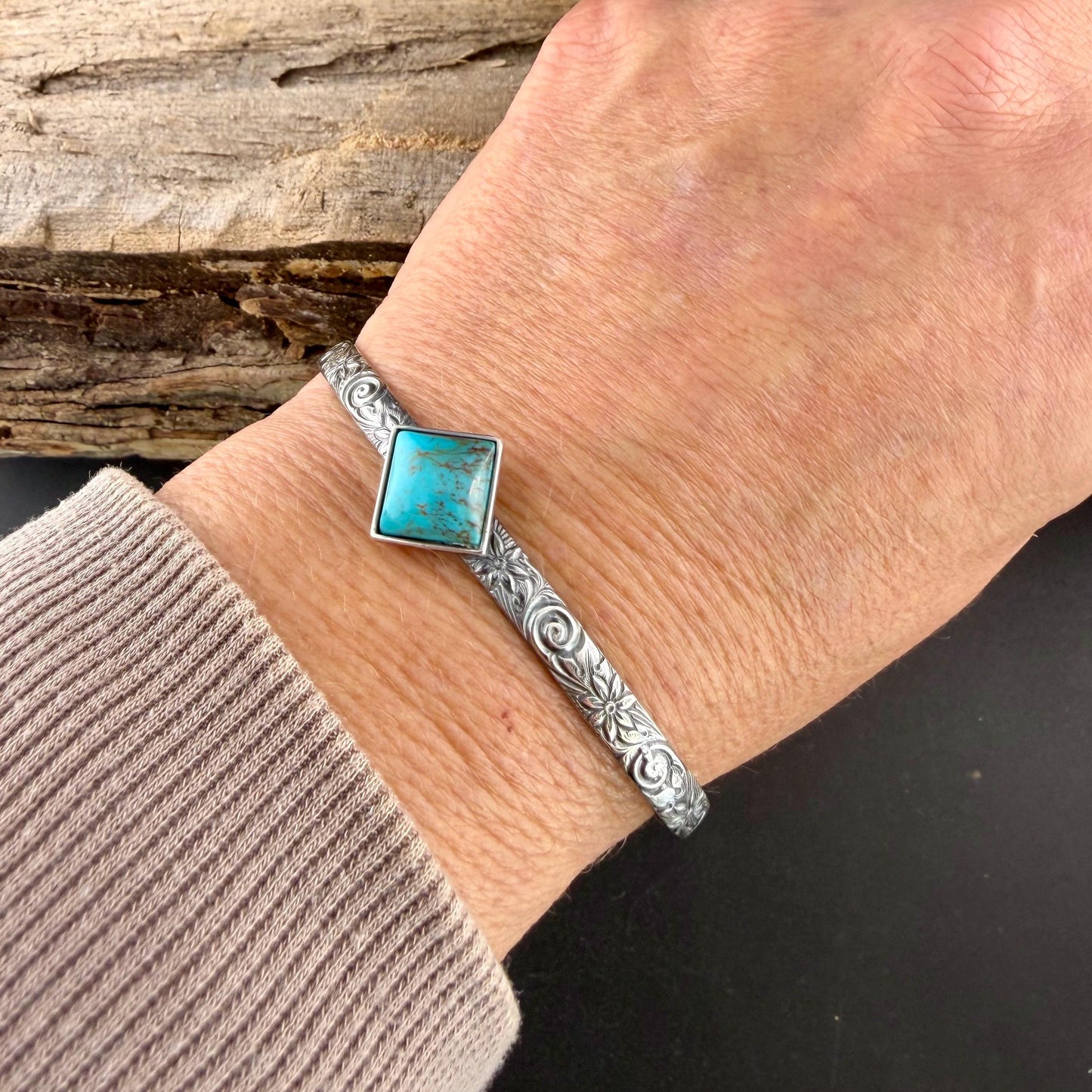 Kingman Turquoise Daisy Cuff Bracelet | Sterling Silver Floral Jewelry | Handmade Southwestern Style