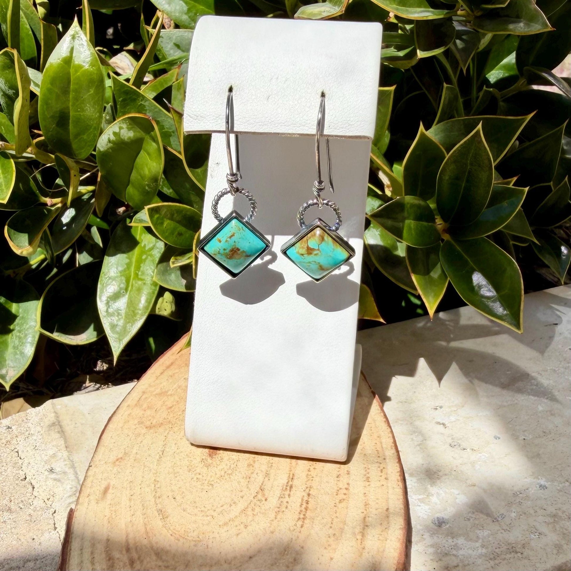 Sterling Silver Kingman Turquoise Earrings • 10mm Square • Handmade Wire Wrapped