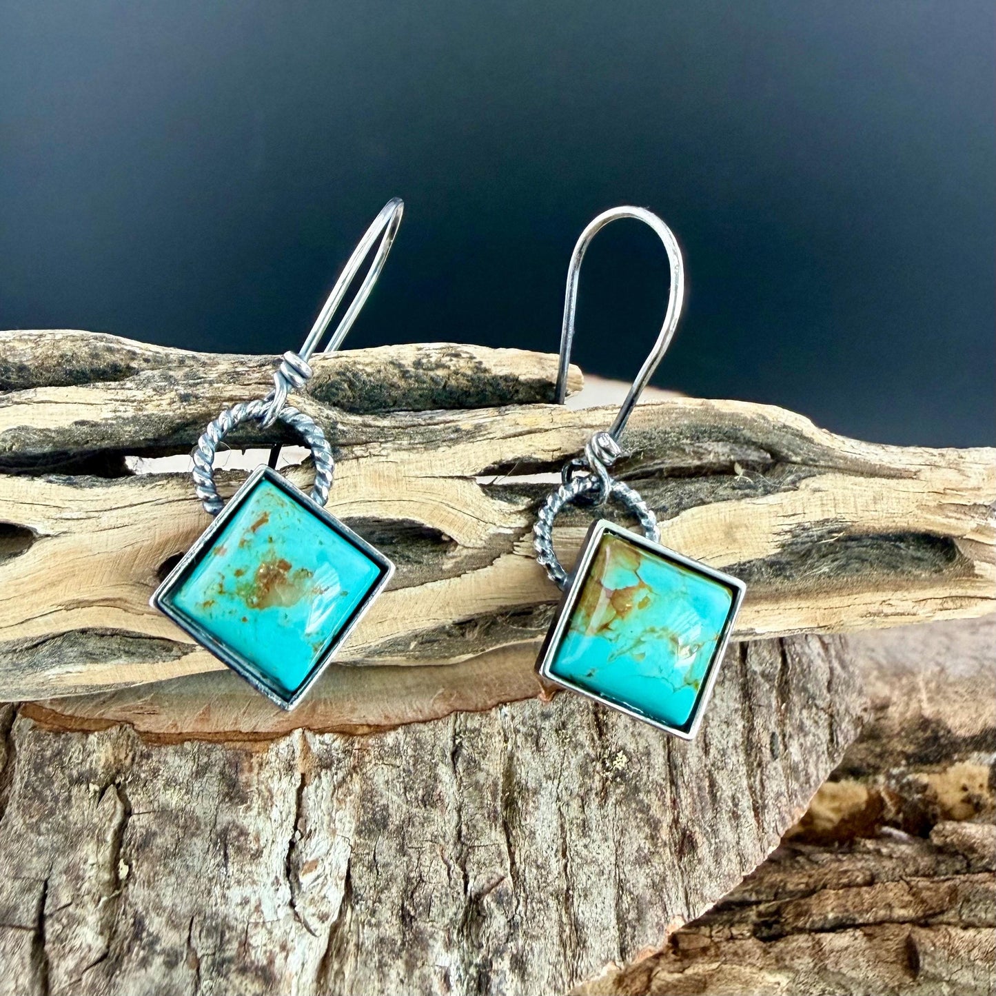 Sterling Silver Kingman Turquoise Earrings • 10mm Square • Handmade Wire Wrapped