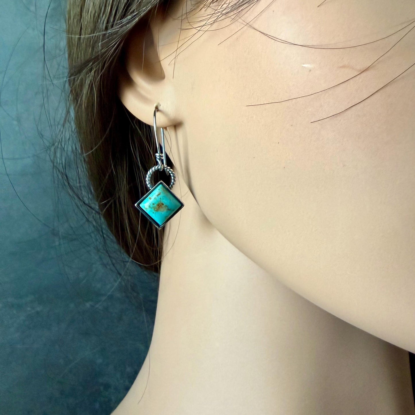 Sterling Silver Kingman Turquoise Earrings • 10mm Square • Handmade Wire Wrapped