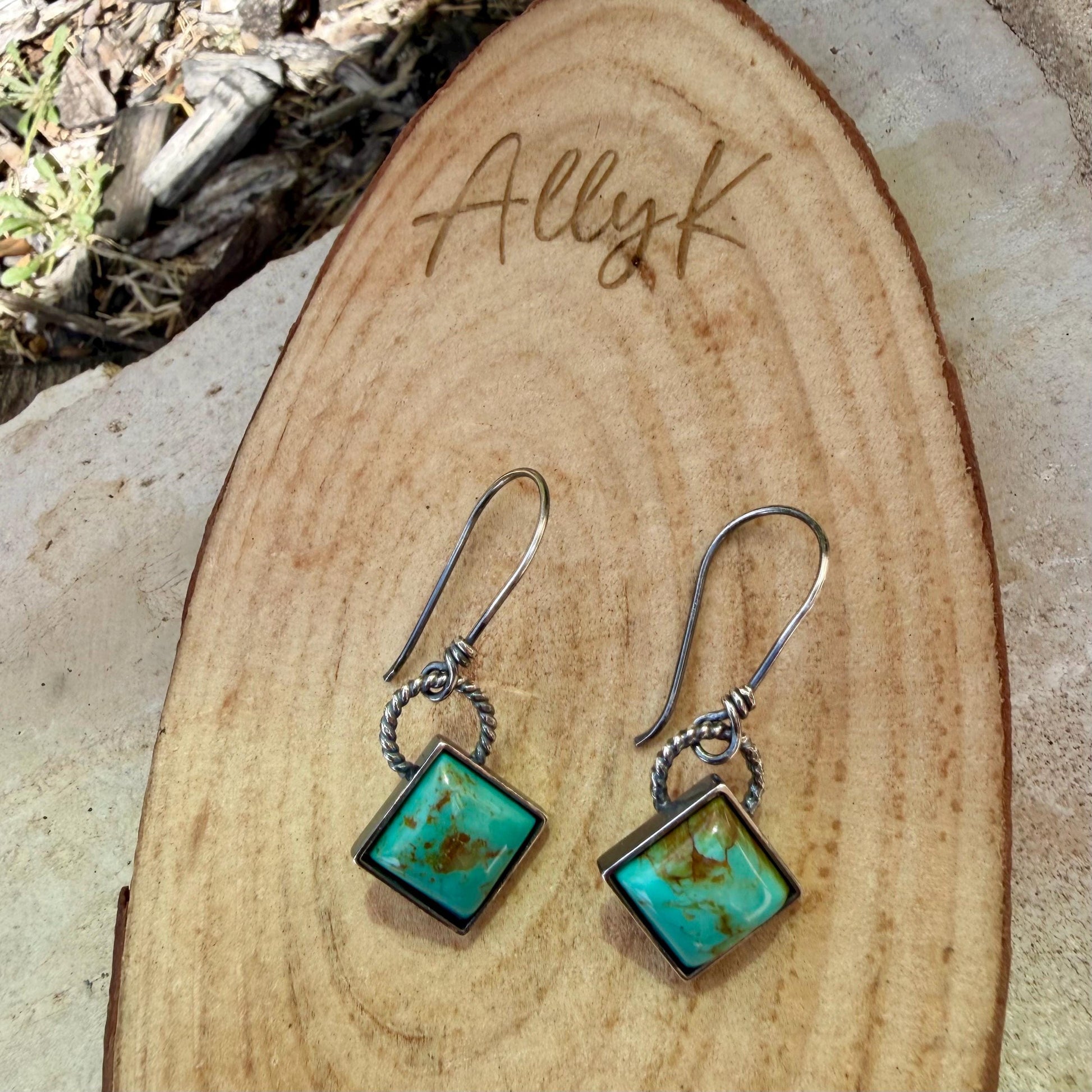 Sterling Silver Kingman Turquoise Earrings • 10mm Square • Handmade Wire Wrapped