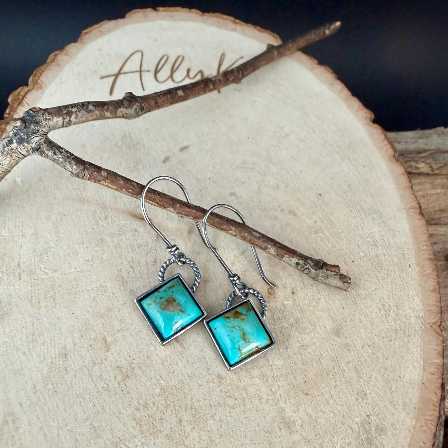 Sterling Silver Kingman Turquoise Earrings • 10mm Square • Handmade Wire Wrapped