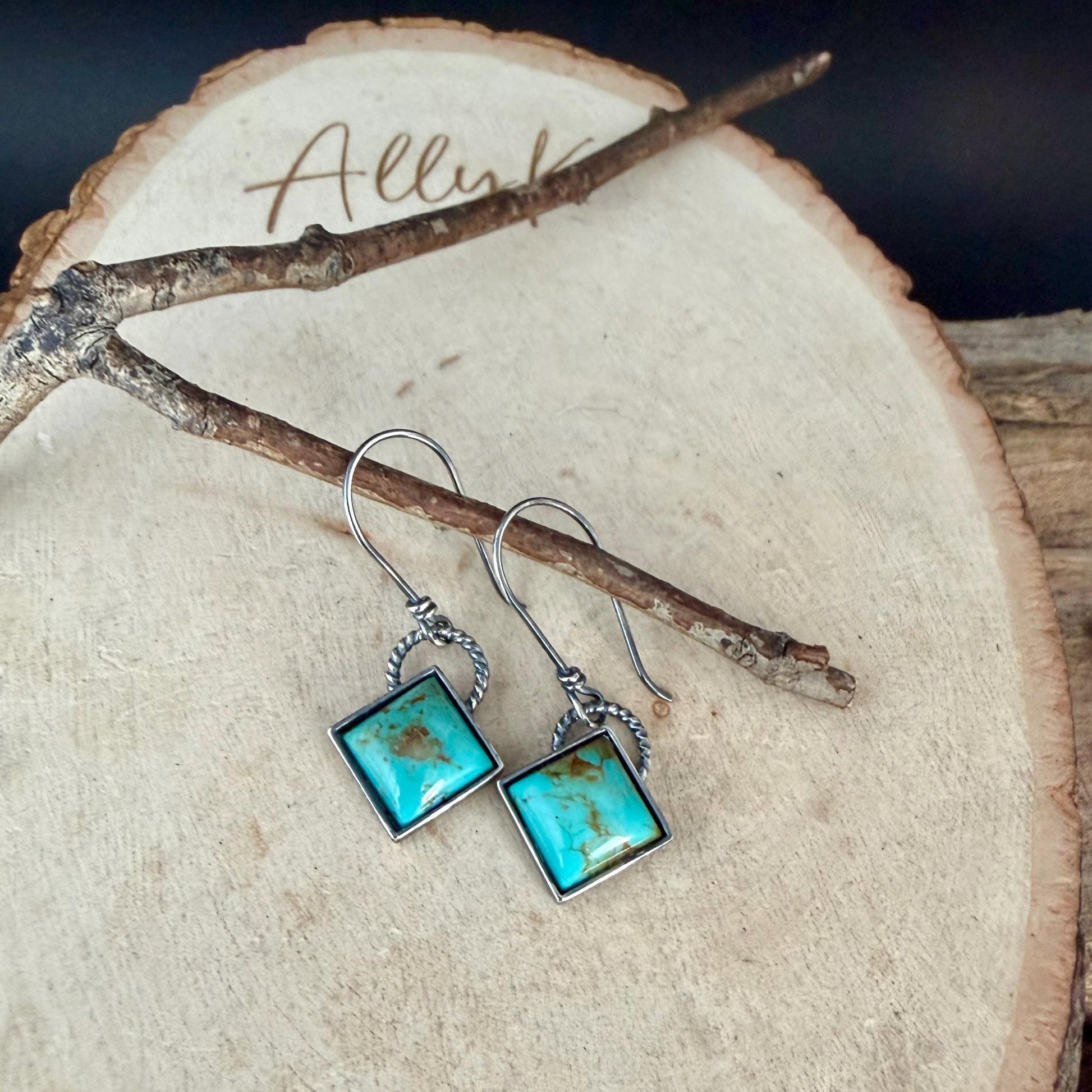 Sterling Silver Kingman Turquoise Earrings • 10mm Square • Handmade Wire Wrapped
