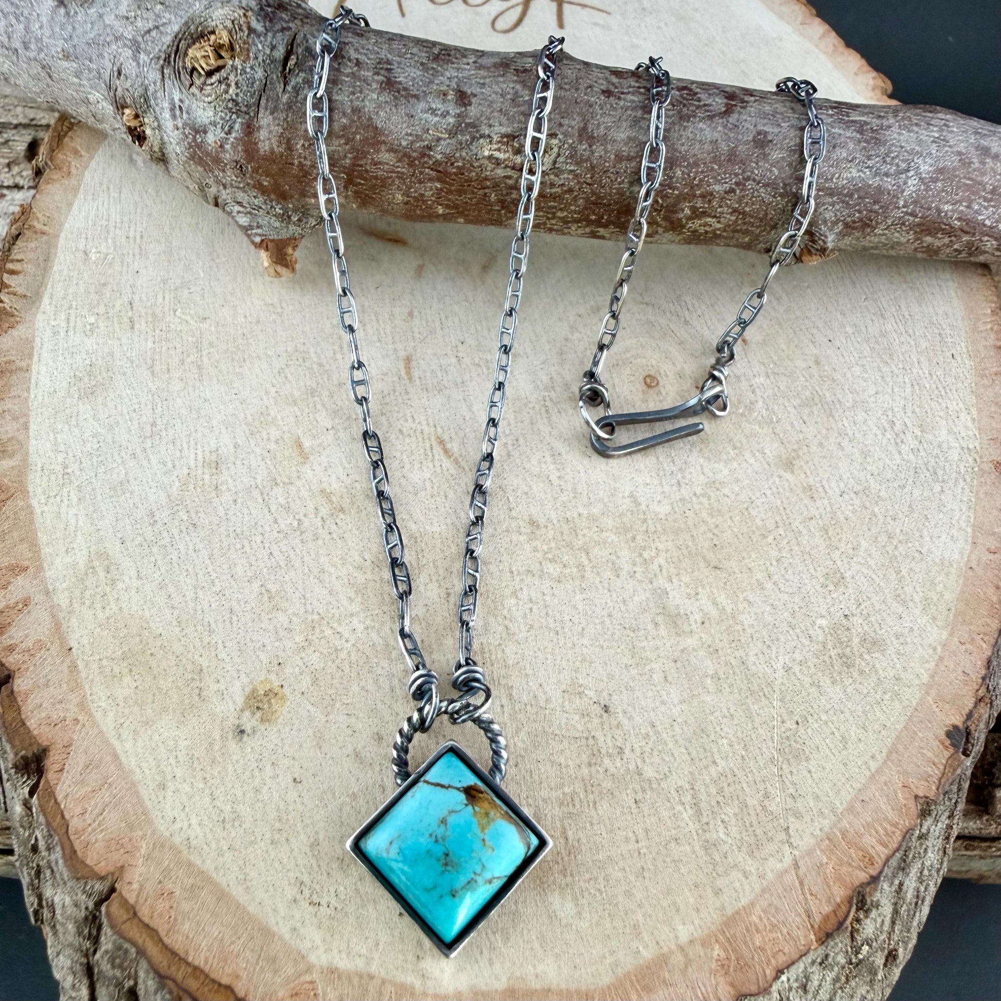 Kingman Turquoise Pendant Necklace • 10mm Turquoise Stone • Sterling Silver Mariner Chain
