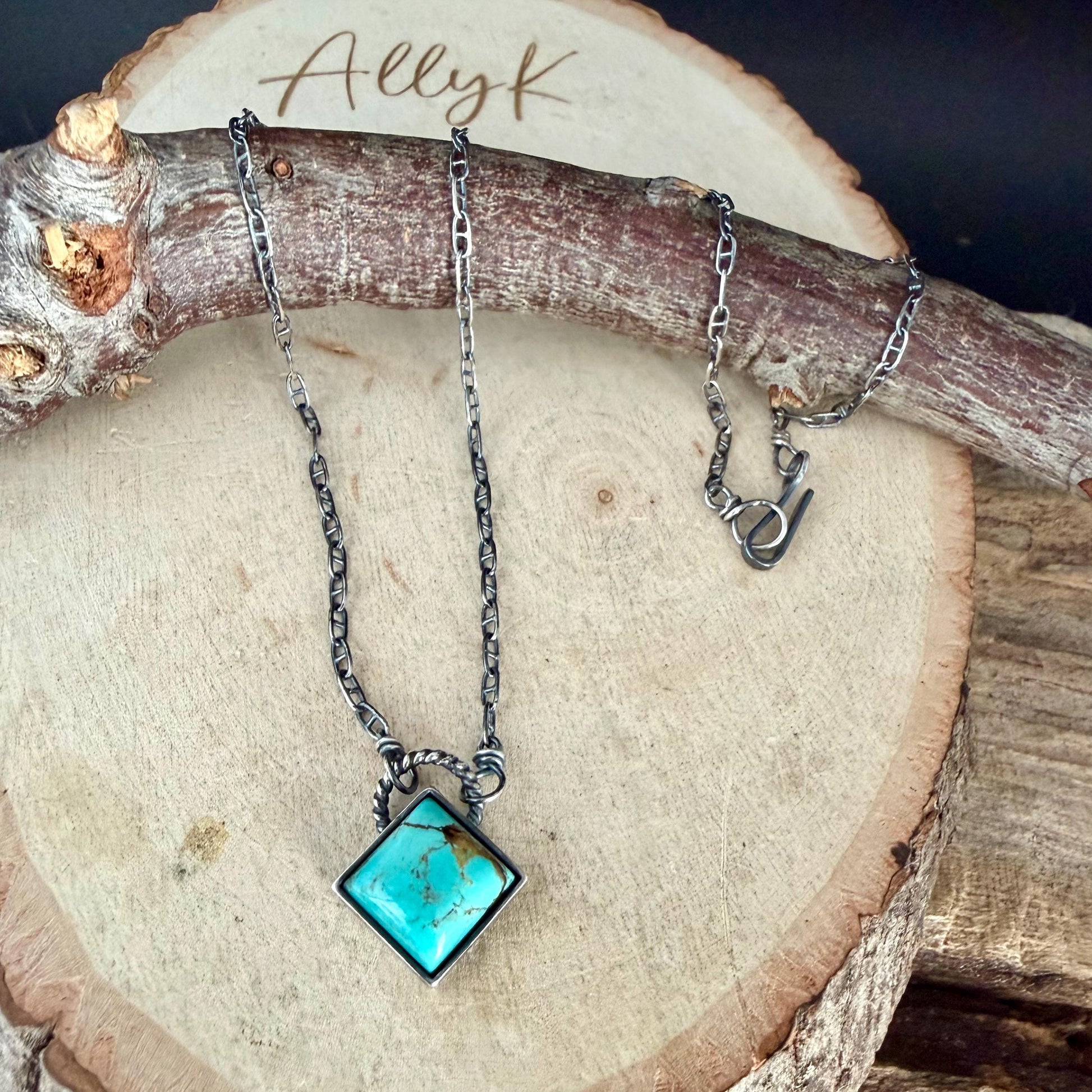 Kingman Turquoise Pendant Necklace • 10mm Turquoise Stone • Sterling Silver Mariner Chain