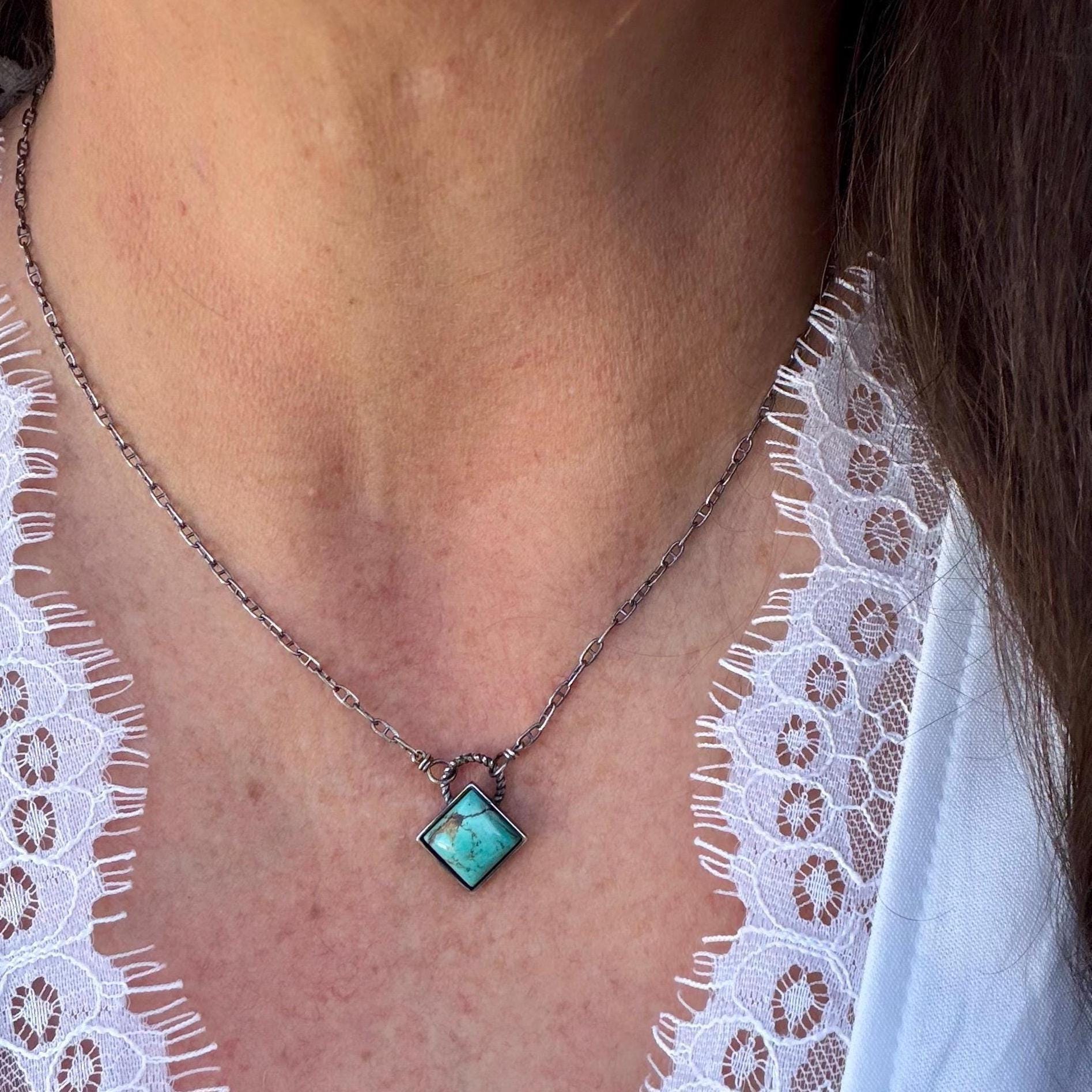 Kingman Turquoise Pendant Necklace • 10mm Turquoise Stone • Sterling Silver Mariner Chain