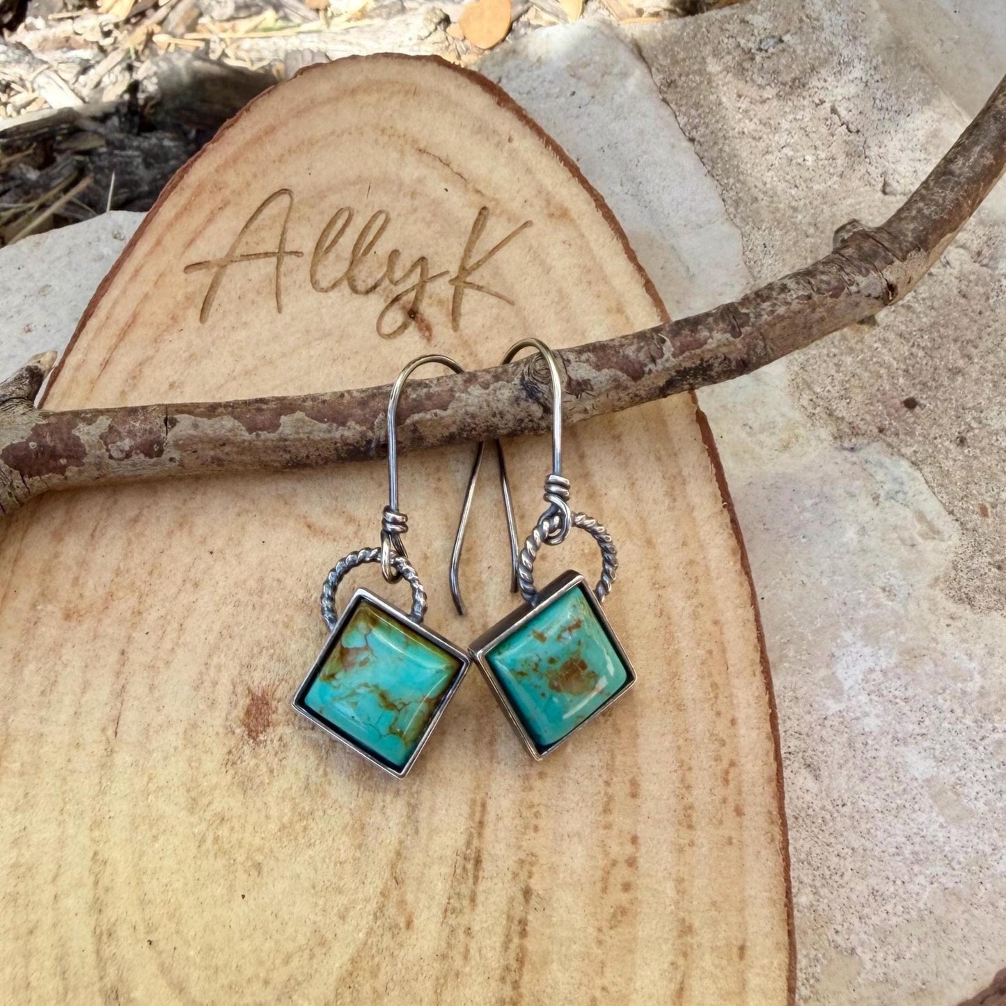 Sterling Silver Kingman Turquoise Earrings • 10mm Square • Handmade Wire Wrapped