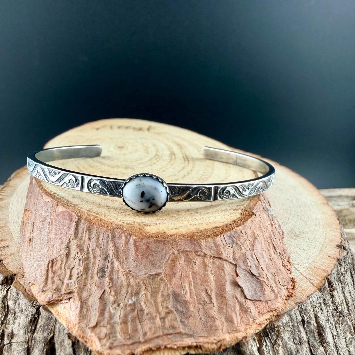 White Buffalo Cuff Bracelet • Sterling Silver • 8×10mm Oval Stone • Southwestern Jewelry