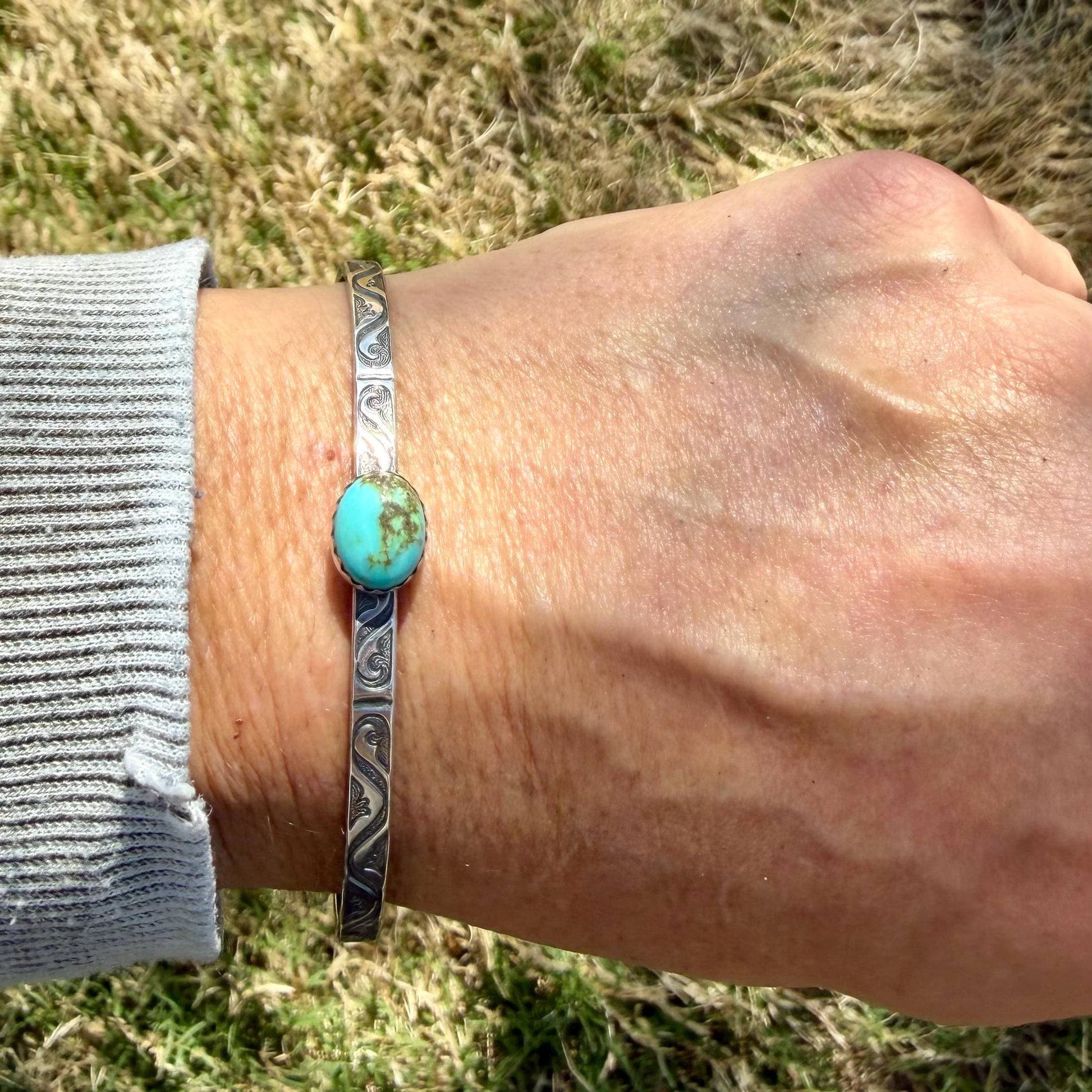 Kingman Turquoise Cuff Bracelet • Sterling Silver Scroll Band • 8×10 Oval Gemstone