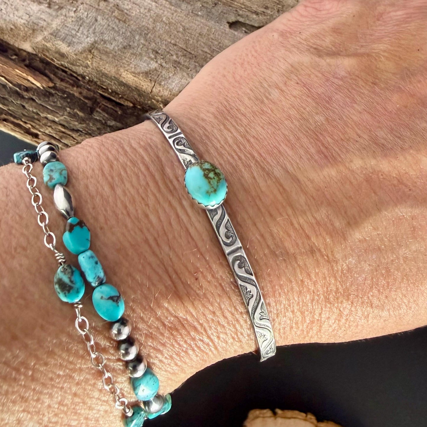 Kingman Turquoise Cuff Bracelet • Sterling Silver Scroll Band • 8×10 Oval Gemstone