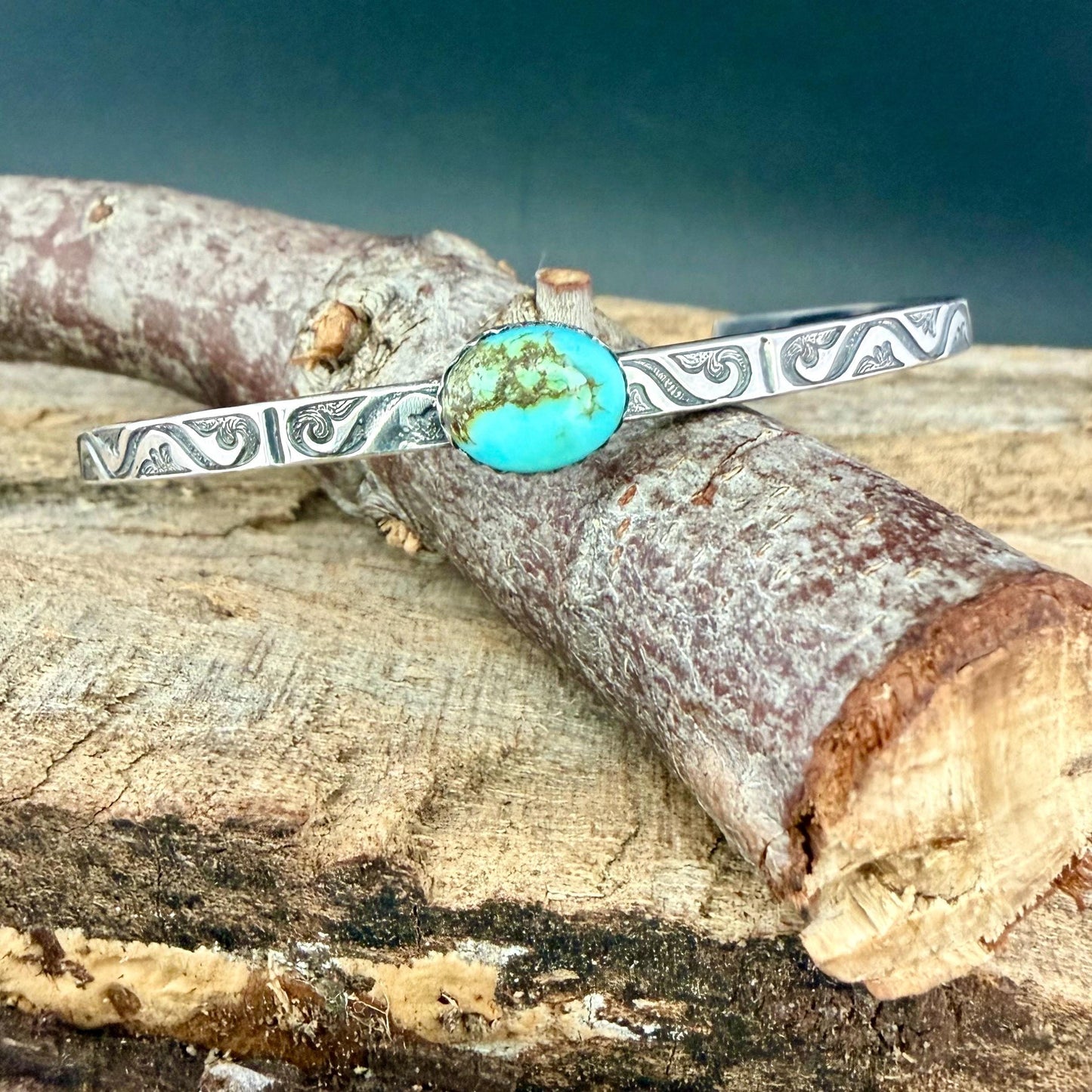 Kingman Turquoise Cuff Bracelet • Sterling Silver Scroll Band • 8×10 Oval Gemstone