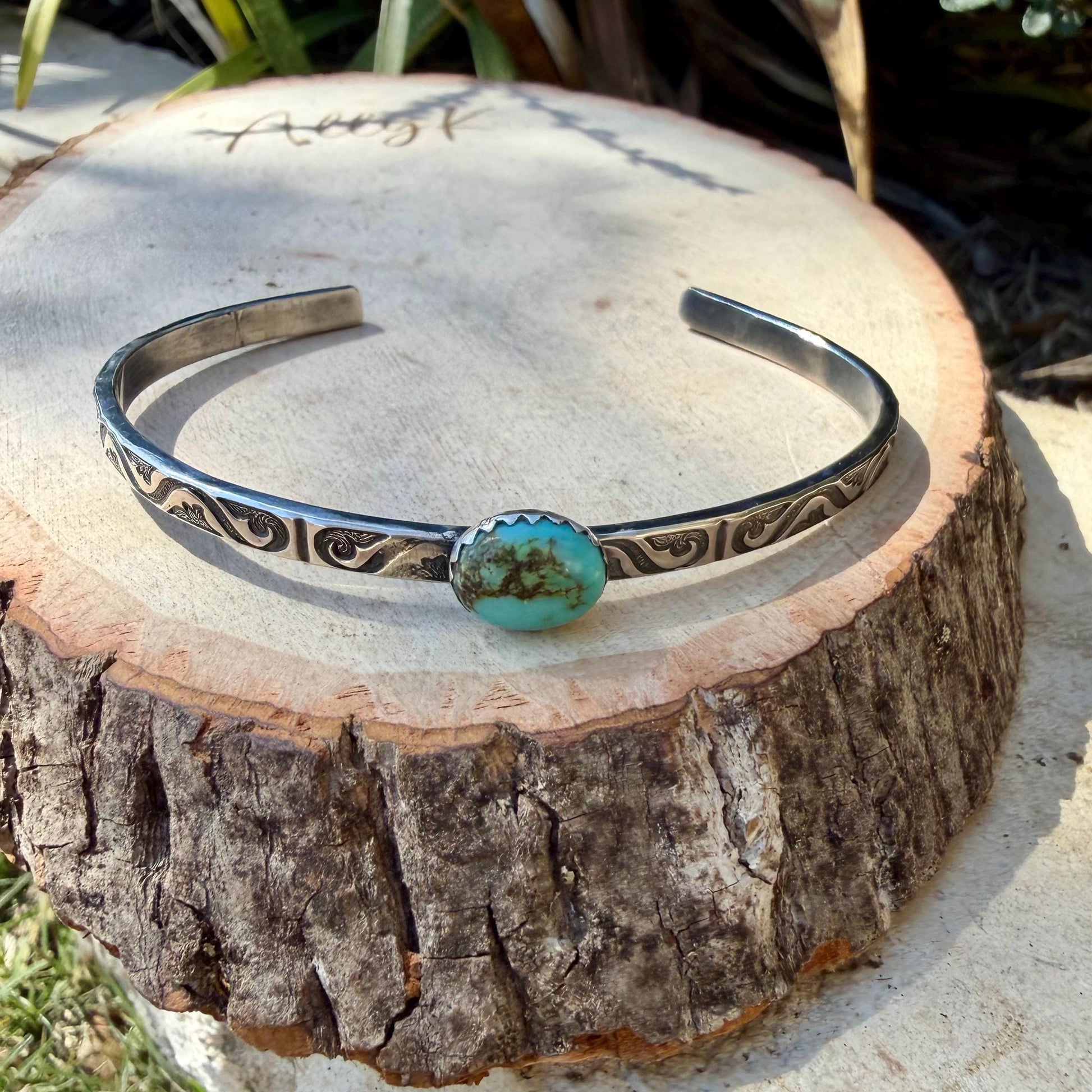 Kingman Turquoise Cuff Bracelet • Sterling Silver Scroll Band • 8×10 Oval Gemstone