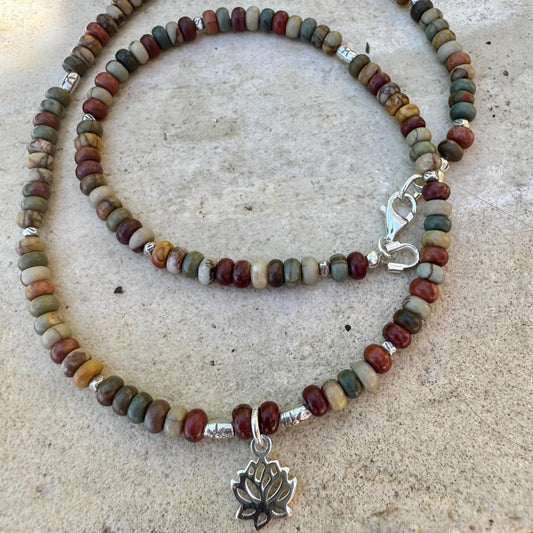 Picasso Jasper Necklace – Lotus Pendant, Sterling Silver Spacers, Custom Length, Artistic Earthy Elegance
