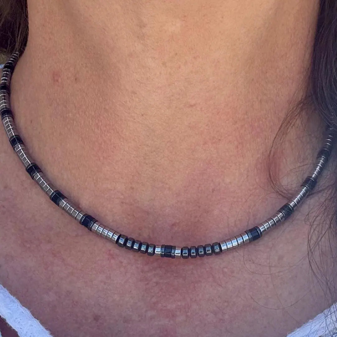 Sterling Silver Black Onyx & Hematite Necklace | Modern Unisex Handmade Jewelry