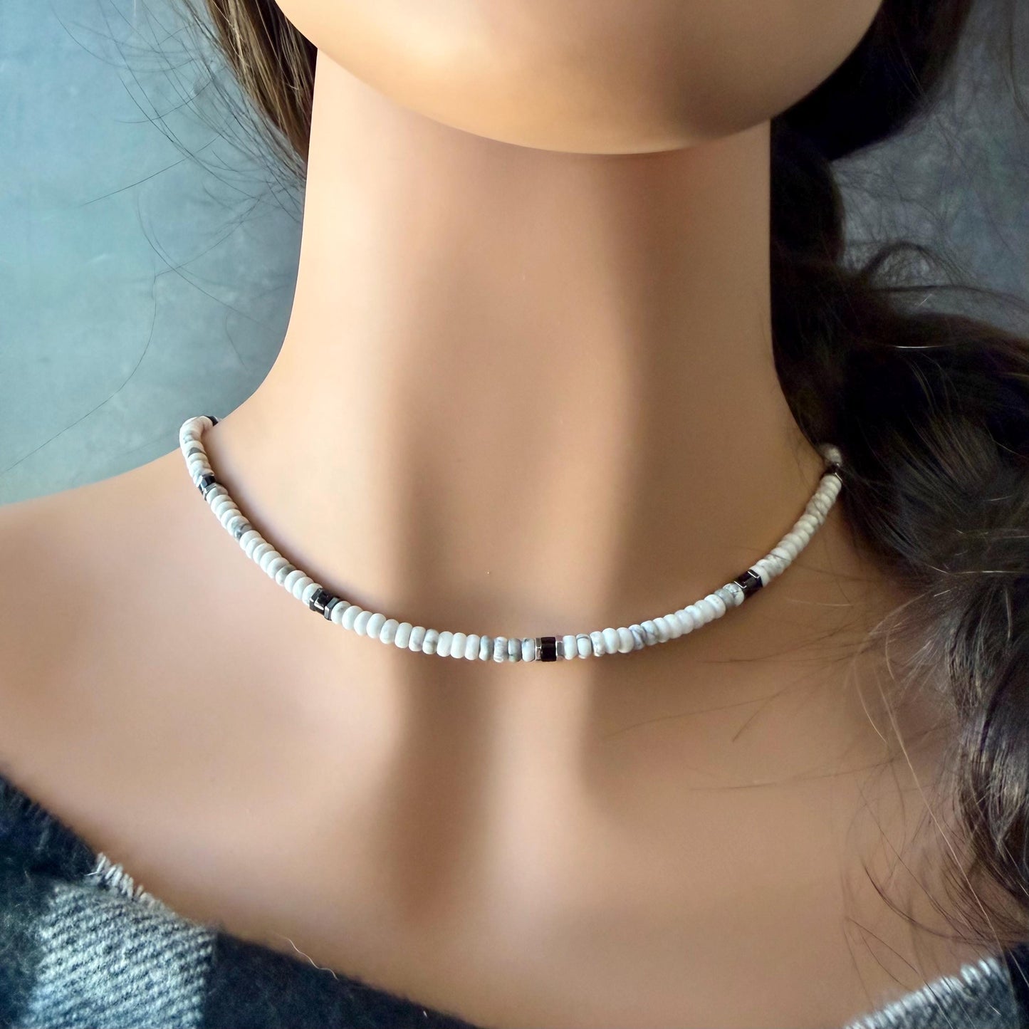 White Howlite & Black Onyx Necklace | Sterling Silver Beaded Necklace | Unisex Minimalist Jewelry