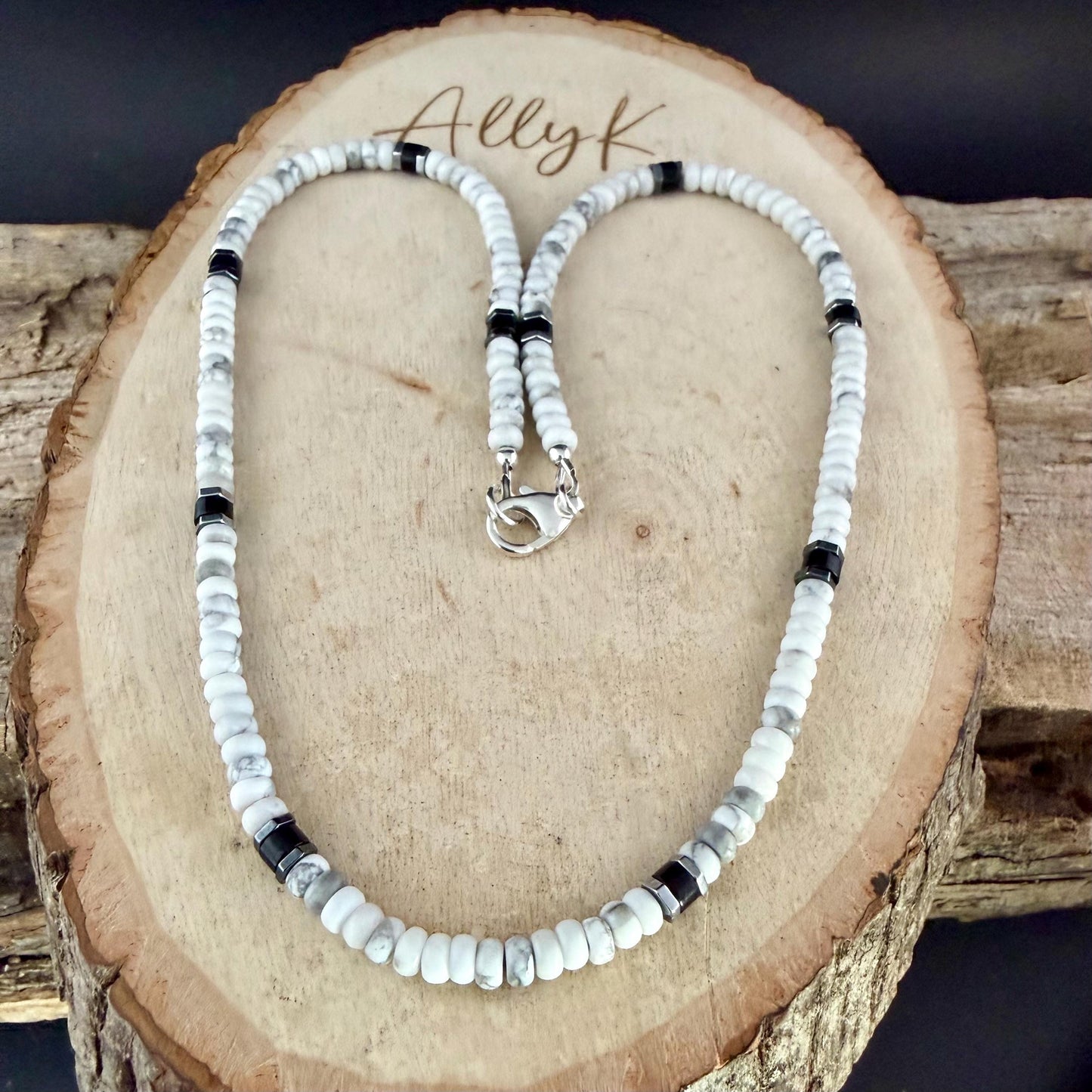 White Howlite & Black Onyx Necklace | Sterling Silver Beaded Necklace | Unisex Minimalist Jewelry