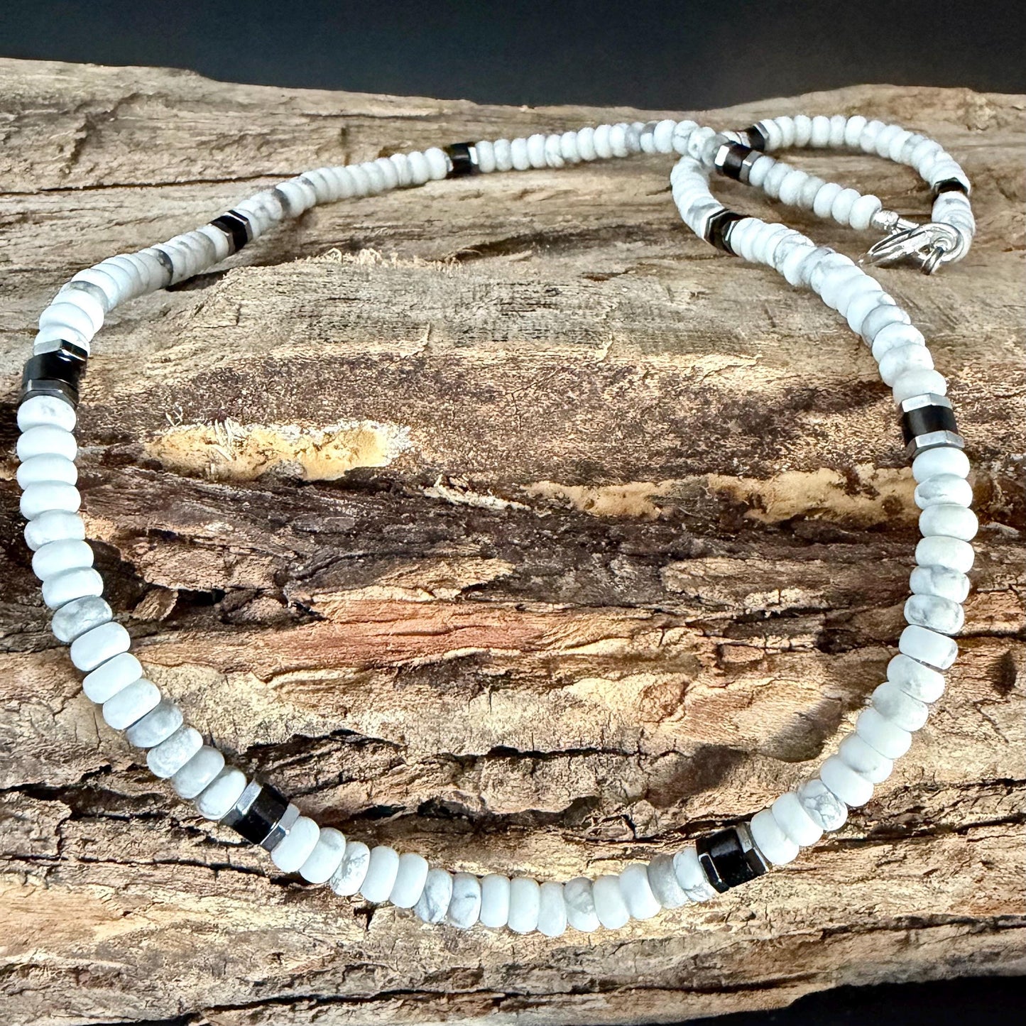 White Howlite & Black Onyx Necklace | Sterling Silver Beaded Necklace | Unisex Minimalist Jewelry