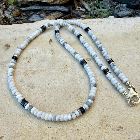 White Howlite & Black Onyx Necklace | Sterling Silver Beaded Necklace | Unisex Minimalist Jewelry