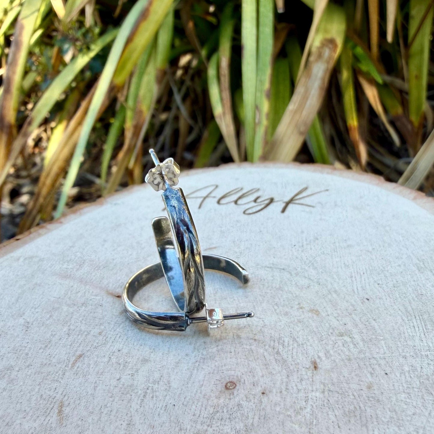 Argentium Silver Hoop Earrings • Push‑Back Post Hoops • Floral Leaf Pattern • Lightweight 925