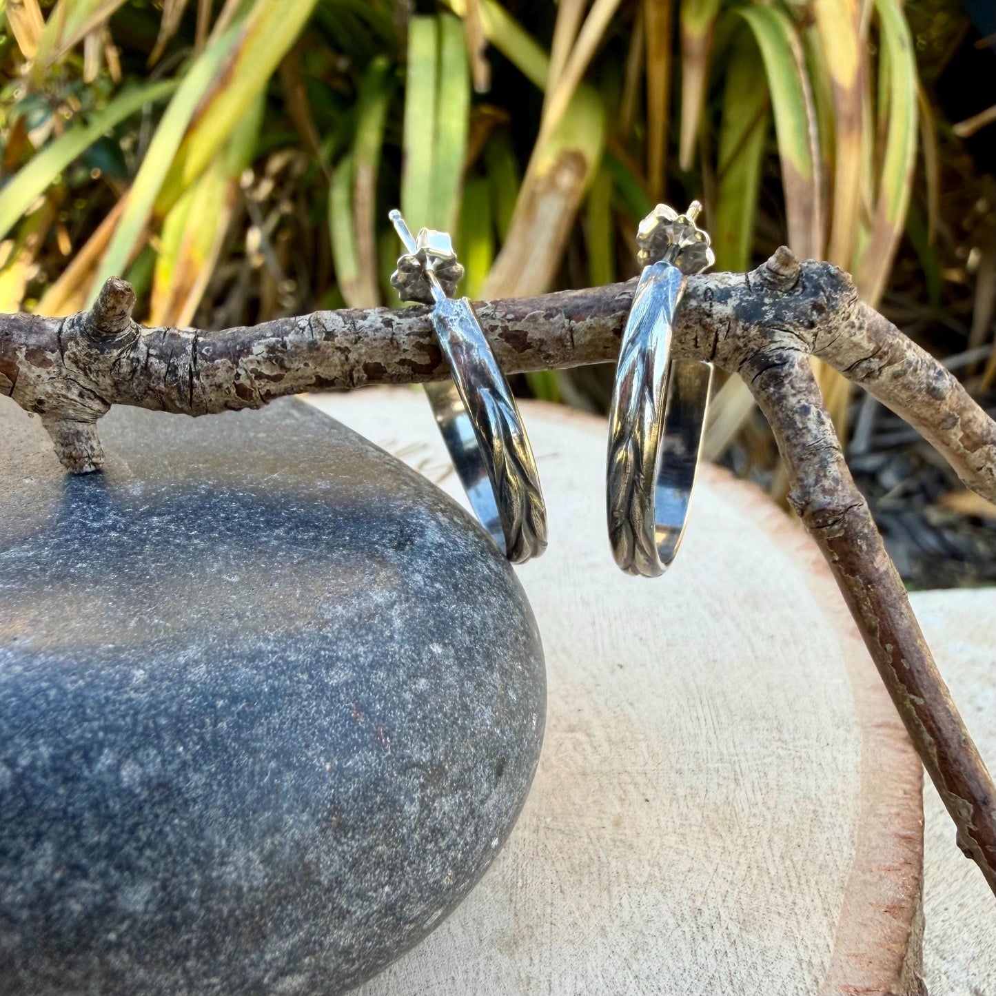 Argentium Silver Hoop Earrings • Push‑Back Post Hoops • Floral Leaf Pattern • Lightweight 925