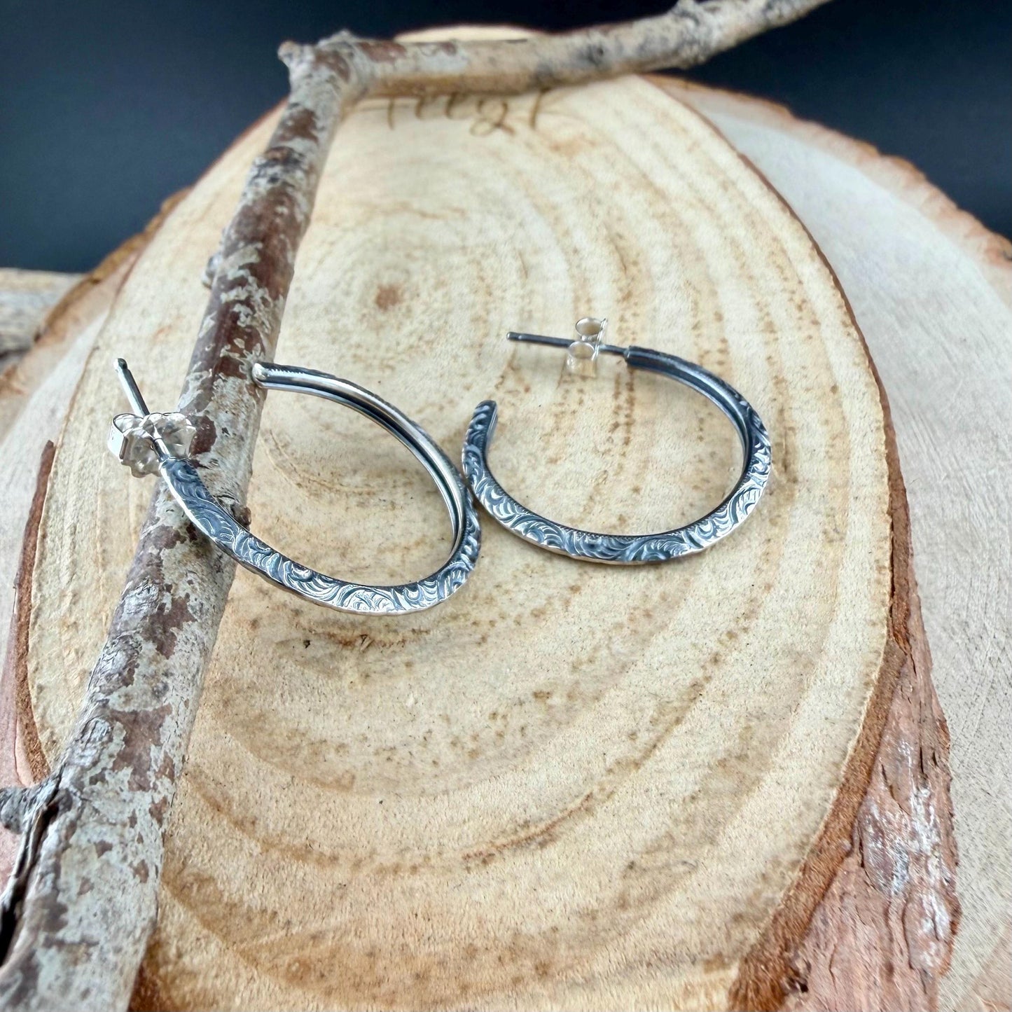 Sterling Silver Hoop Earrings • Push‑Back Post Hoops • Oxidized Swirl Pattern • Lightweight 925