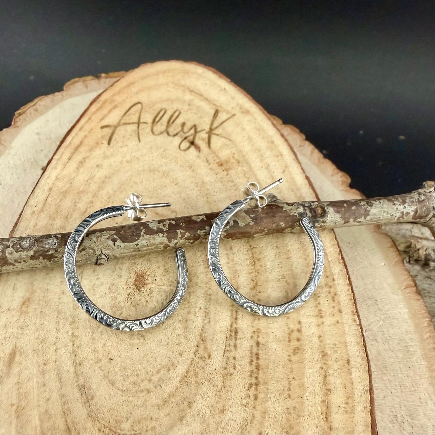 Sterling Silver Hoop Earrings • Push‑Back Post Hoops • Oxidized Swirl Pattern • Lightweight 925