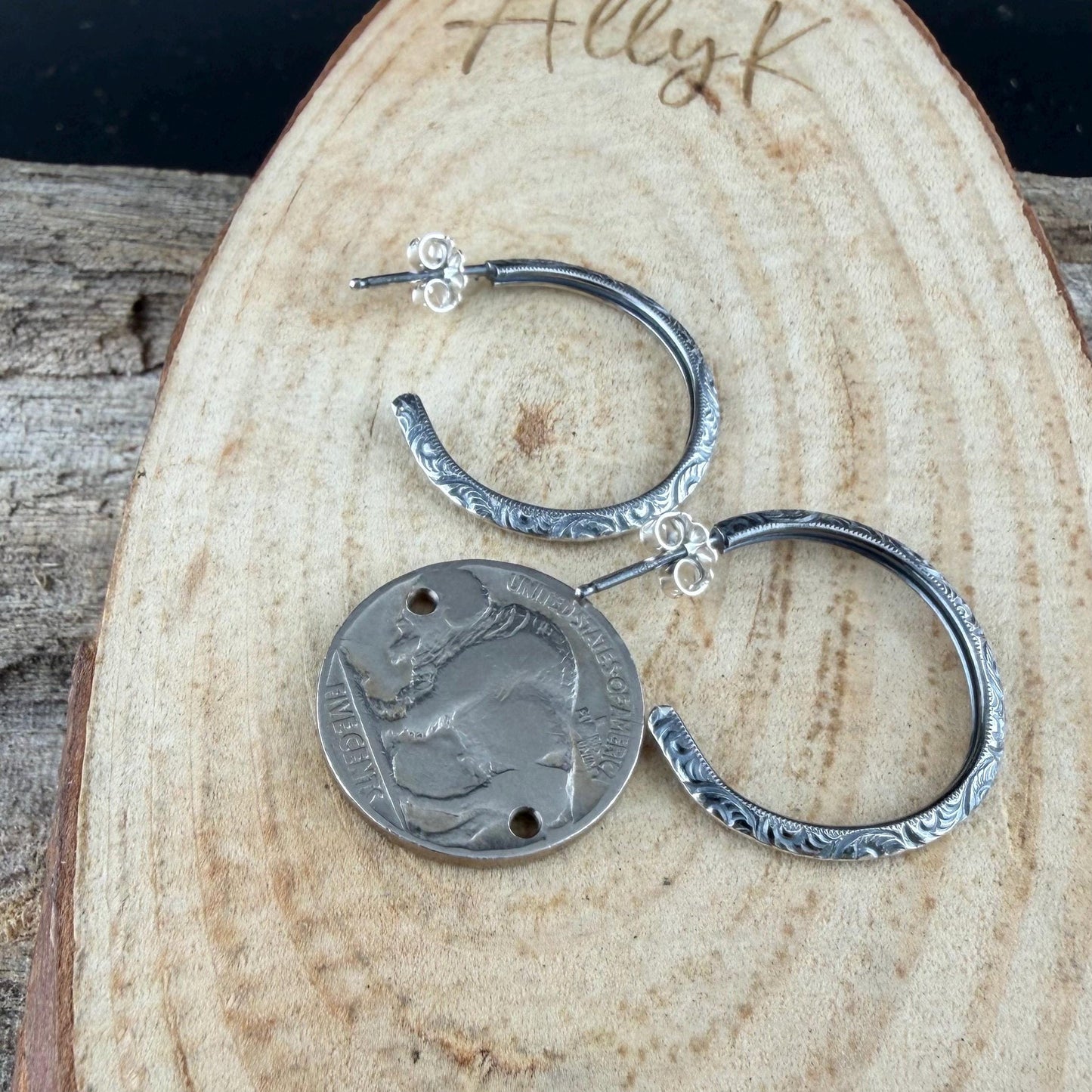 Sterling Silver Hoop Earrings • Push‑Back Post Hoops • Oxidized Swirl Pattern • Lightweight 925