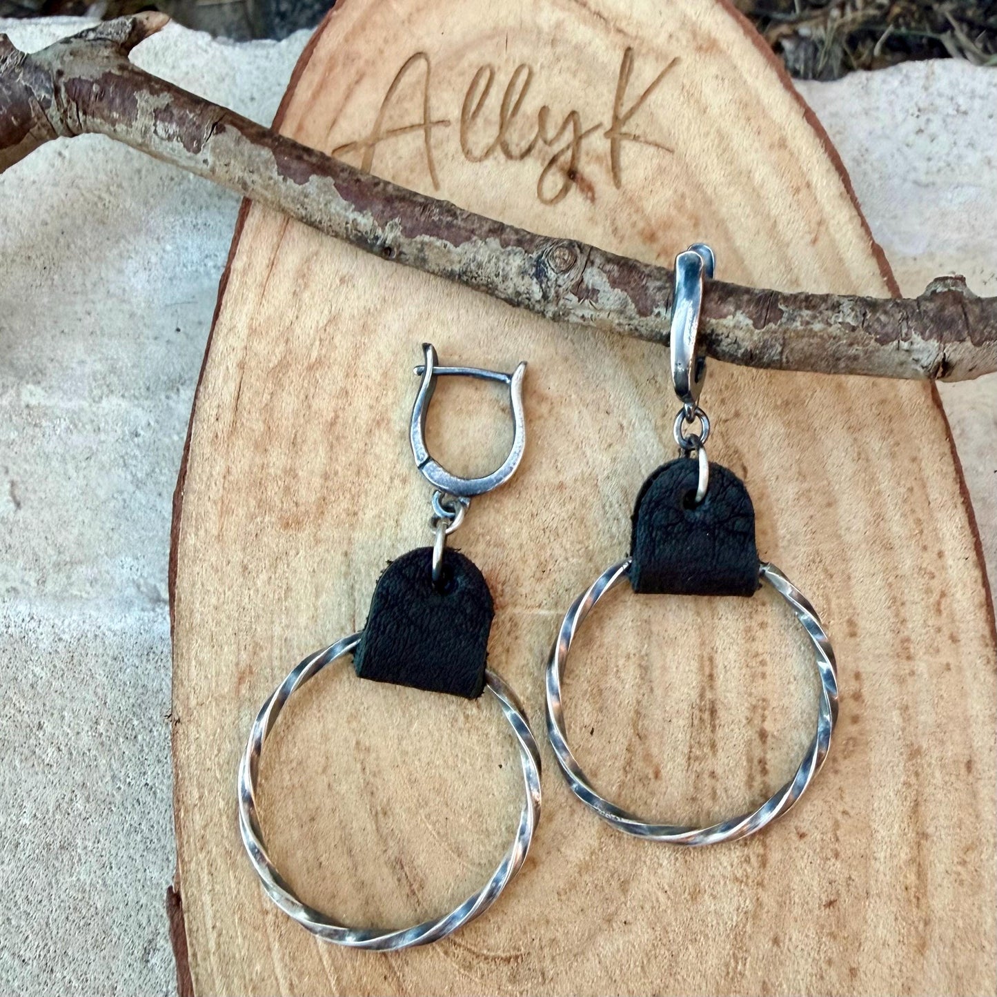 Lever Back Sterling Leather Earrings • Oxidized Twisted Rope Circles • Black or Brown