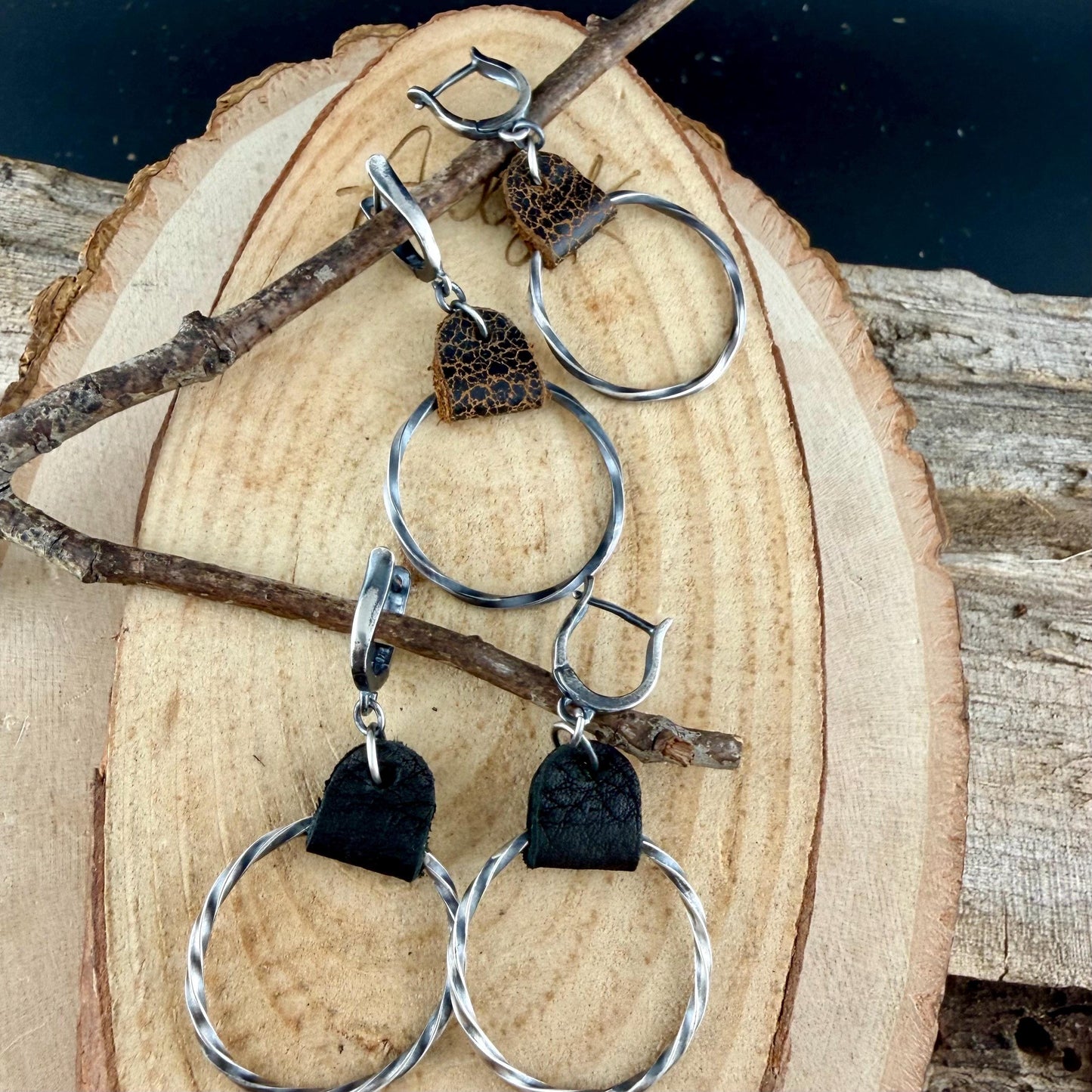 Lever Back Sterling Leather Earrings • Oxidized Twisted Rope Circles • Black or Brown