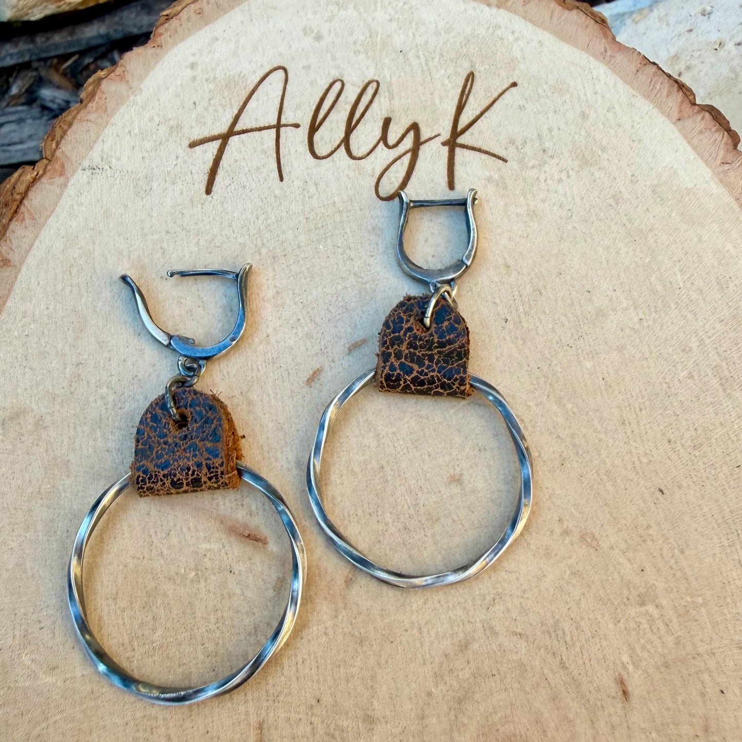 Lever Back Sterling Leather Earrings • Oxidized Twisted Rope Circles • Black or Brown