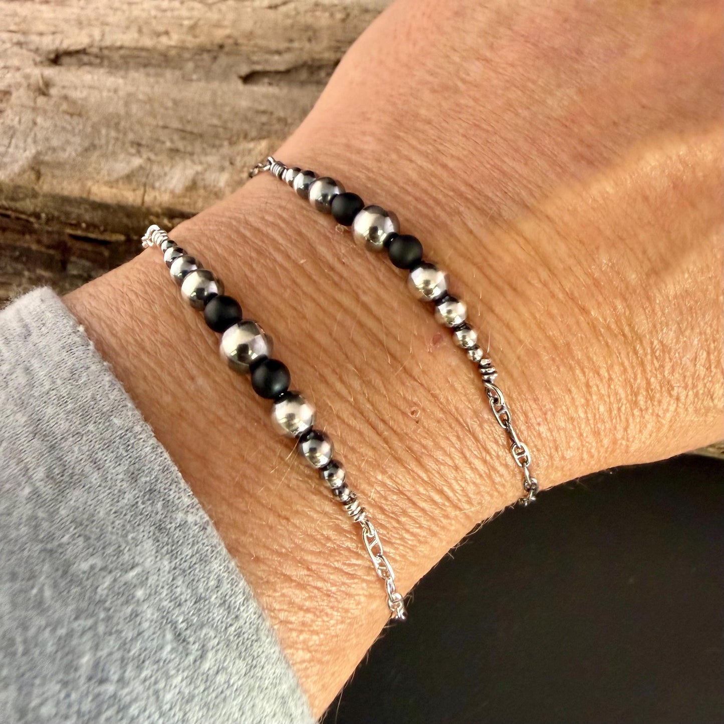Navajo Pearl & Onyx Graduated Bar Chain Bracelet | Sterling Silver Southwest Elegance