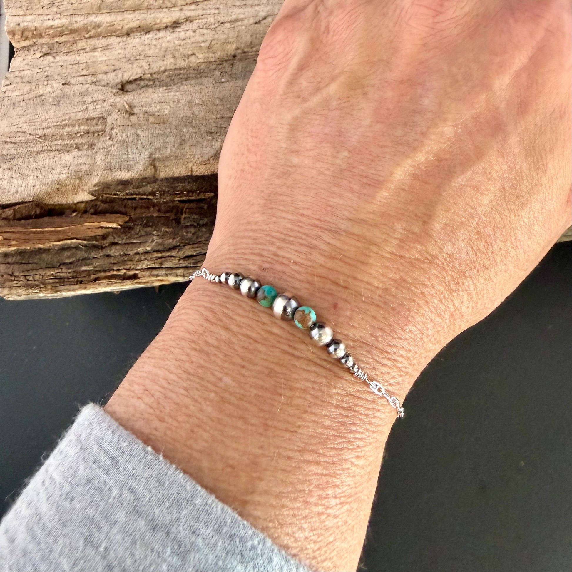 Navajo Pearl & Turquoise Graduated Bar Chain Bracelet | Sterling Silver Southwest Elegance