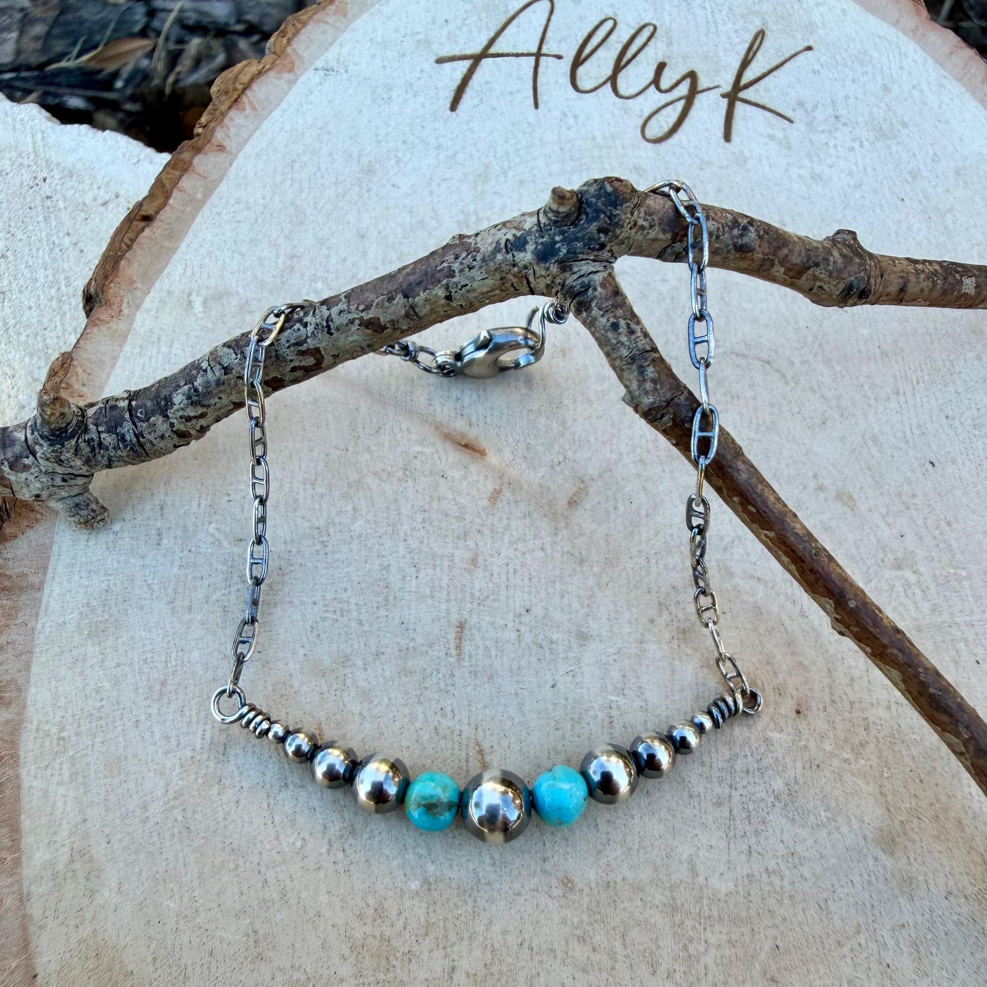 Navajo Pearl & Turquoise Graduated Bar Chain Bracelet | Sterling Silver Southwest Elegance