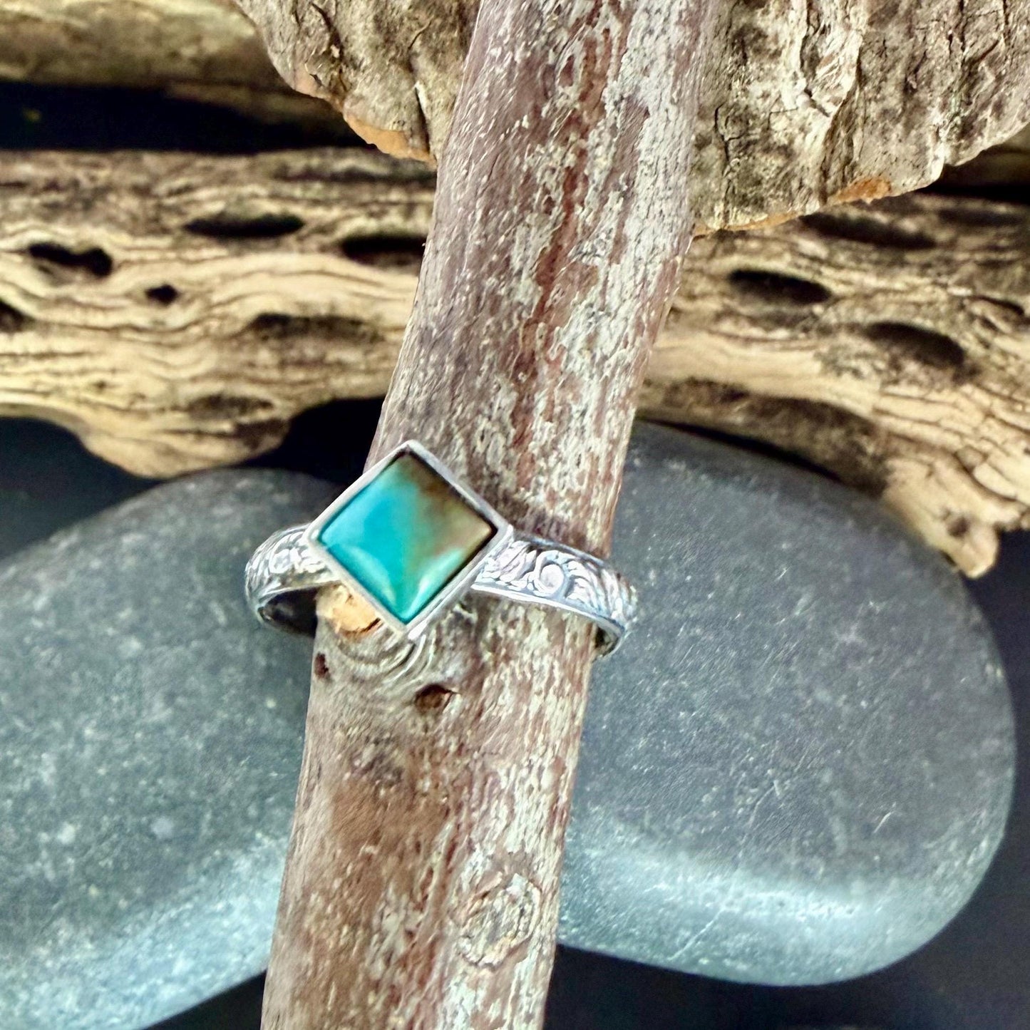 Kingman Turquoise Square Ring • 6mm Sterling Silver Stacking Band • Southwest Jewelry