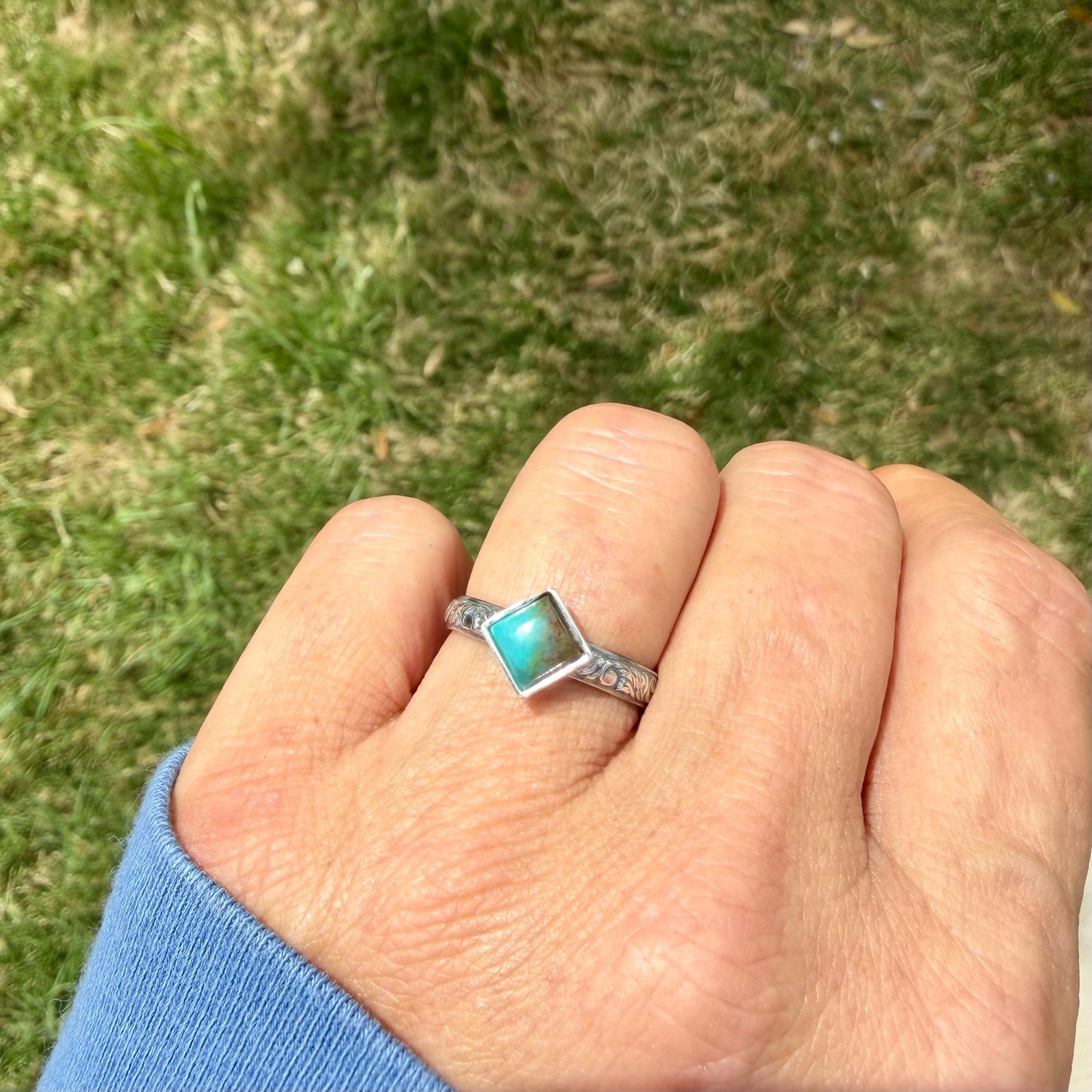 Kingman Turquoise Square Ring • 6mm Sterling Silver Stacking Band • Southwest Jewelry