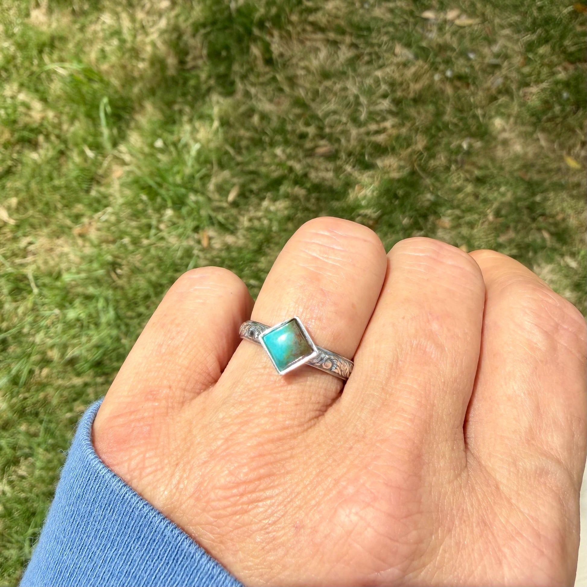 Kingman Turquoise Square Ring • 6mm Sterling Silver Stacking Band • Southwest Jewelry